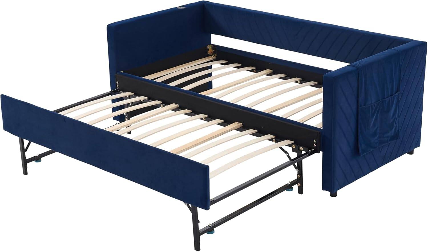 Alt View 3. Trinkets Crazed - Twin Daybed with Pop Up Trundle, Velvet Upholstered Extendable Daybed with USB Ports & Pockets - blue.