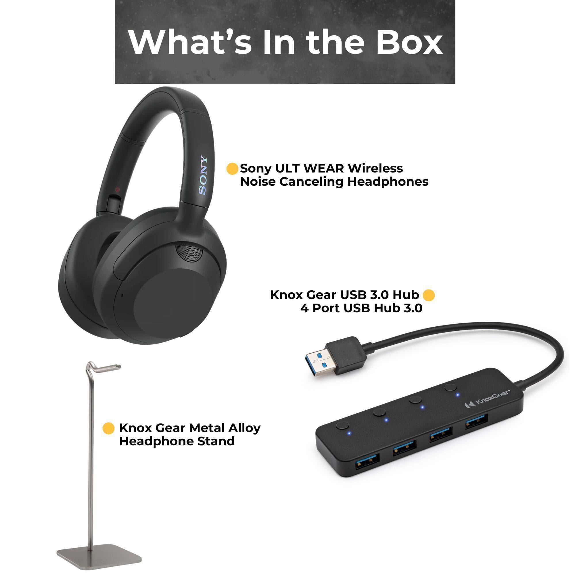 What's In the Box
SONY ULT WEAR Wireless Noise Canceling Headphones
Knox Gear USB 3.0 Hub 4 Port USB Hub 3.0
KnoxGear Metal Alloy Headphone Stand