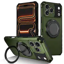 UUCOVER - Magnetic Kickstand Case For Apple iPhone 18 Pro Max with Rotatable Ring Holder, Dual Layer Heavy Duty Shockproof Cover - Darkgreen