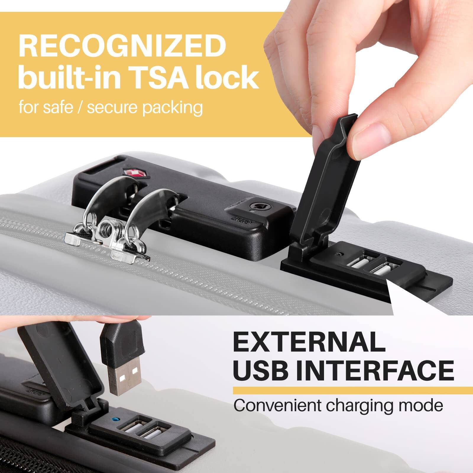 RECOGNIZED built-in TSA lock for safe / secure packing

EXTERNAL USB INTERFACE
Convenient charging mode