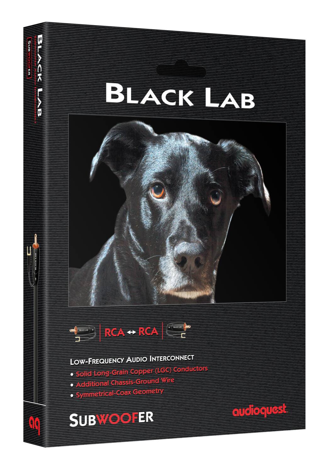 BLACK LAB  
SUBWOOFER  

RCA → RCA  
LOW-FREQUENCY AUDIO INTERCONNECT  
- Solid Long-Grain Copper (LGC) Conductors  
- Additional Chassis-Ground Wire  
- Symmetrical-Coax Geometry  

audioquest
