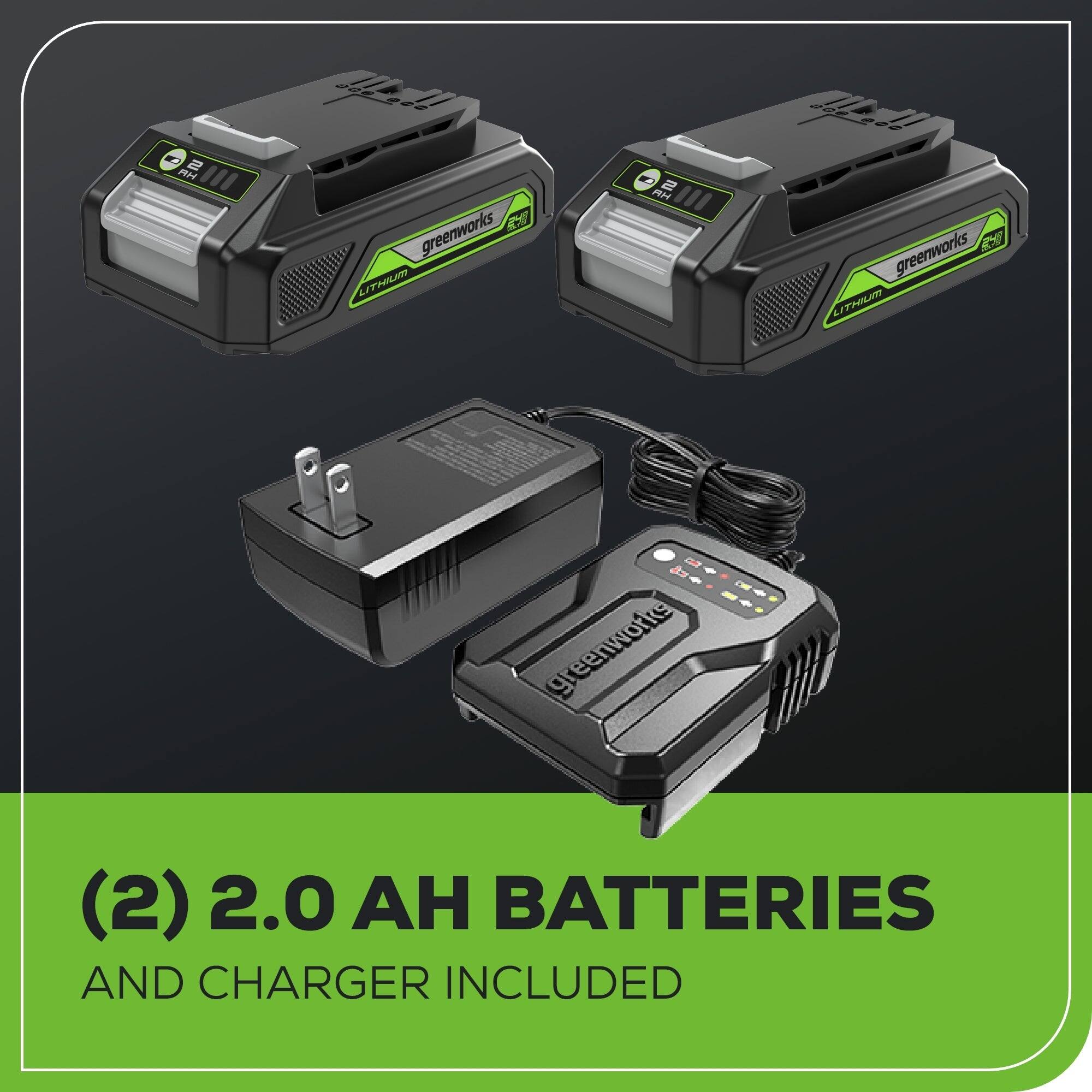 11 5 M greenworks LITHIUM M "I 0r010 Cd greenworks LTAA greenworks (2) 2.0 AH BATTERIES AND CHARGER INCLUDED