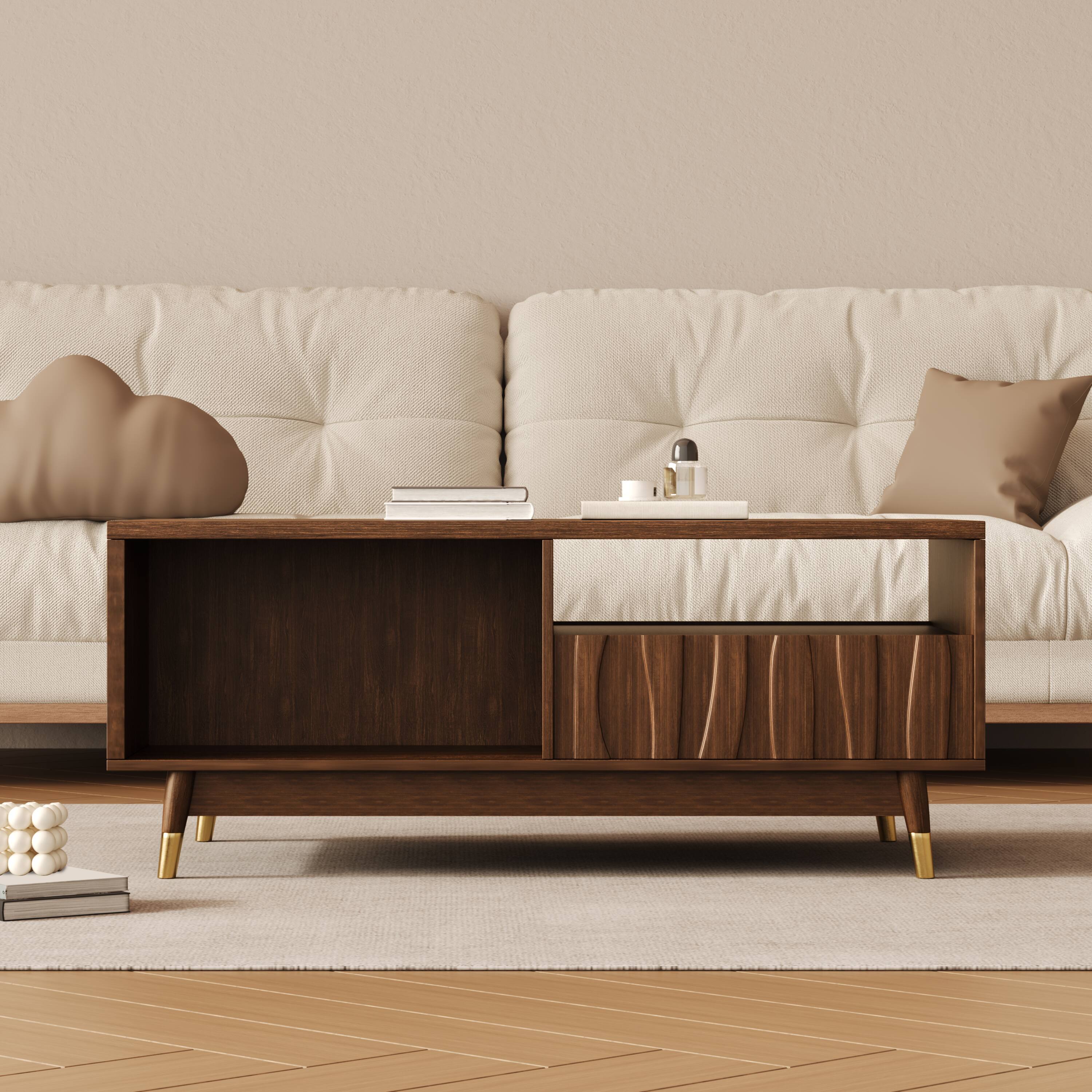 Alt View 1. MSOOB - 47" Mid Century Modern Wooden Coffee Table Suitable with 2 Drawers and Open Storage for Living Room Apartment - brown.