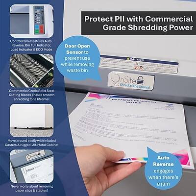 BQUAAA Protect Grade PII with Shredding Commercial Power Control Panel features Auto, Reverse, Bin Full Indicator, Door Open Load Indicator & ECO Mode Sensor to prevent use CAUTION while removing waste bin. OnSite Shred at the Source! Commercial Grade Solid Steel Cutting Blades ensure smooth shredding for a lifetime! PAYMENT NOTICE

Move around easily with included Castors & rugged, All-Metal Cabinet

Auto Reverse engages when there's a jam