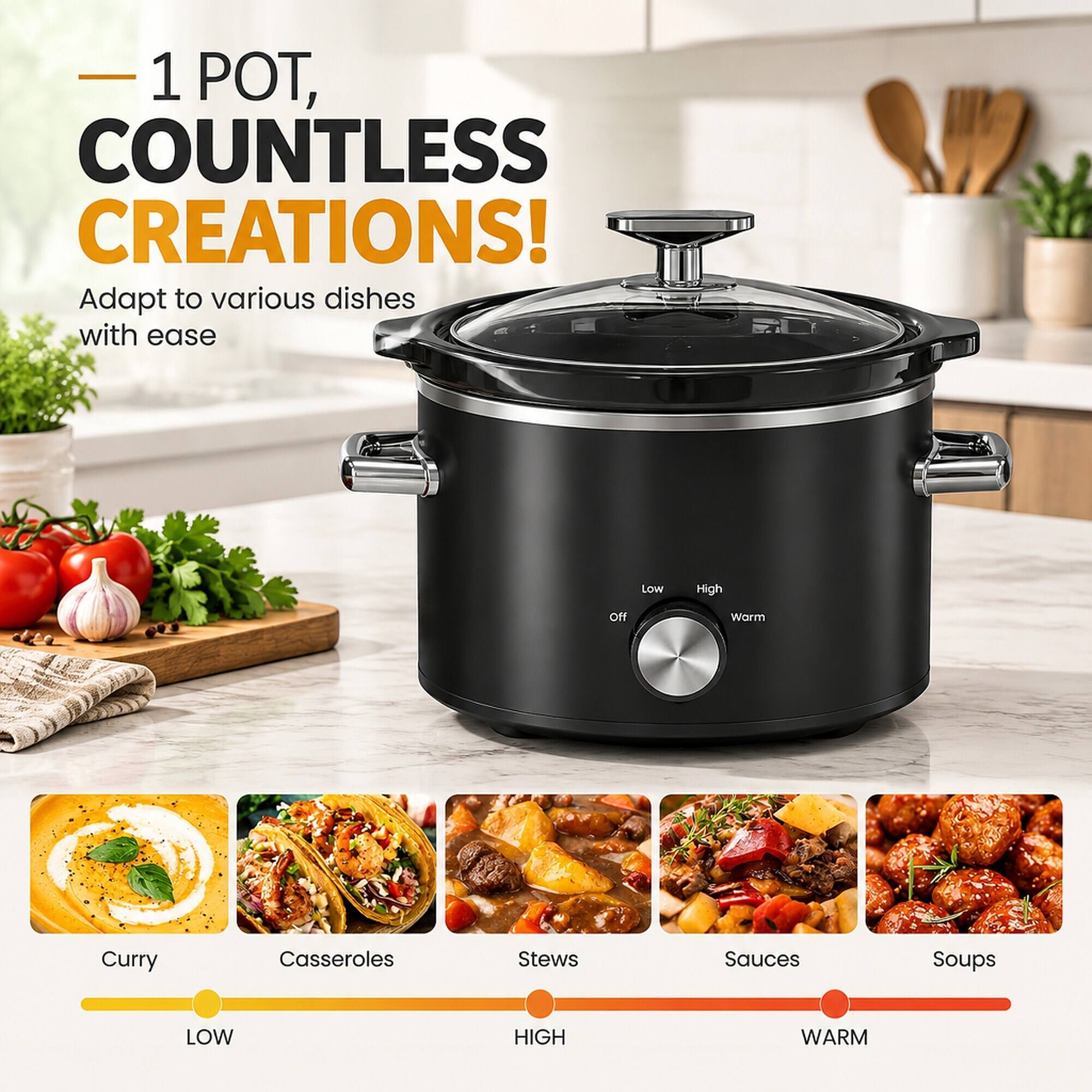 1 POT, COUNTLESS CREATIONS!  
Adapt to various dishes with ease

Low  
High  
Off  
Warm

Curry  
Casseroles  
Stews  
Sauces  
Soups

LOW  
HIGH  
WARM