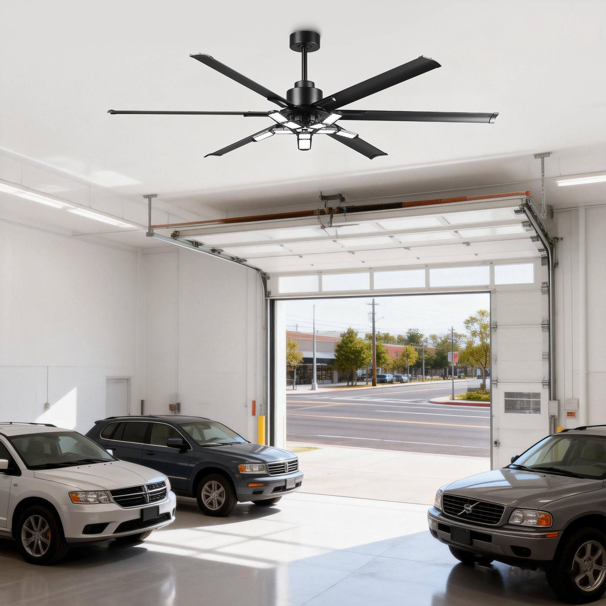 Back. Parrot Uncle - 72''Black Industrial HVLS Large Garage Ceiling Fan with Foldable LED and Remote Control - Black.