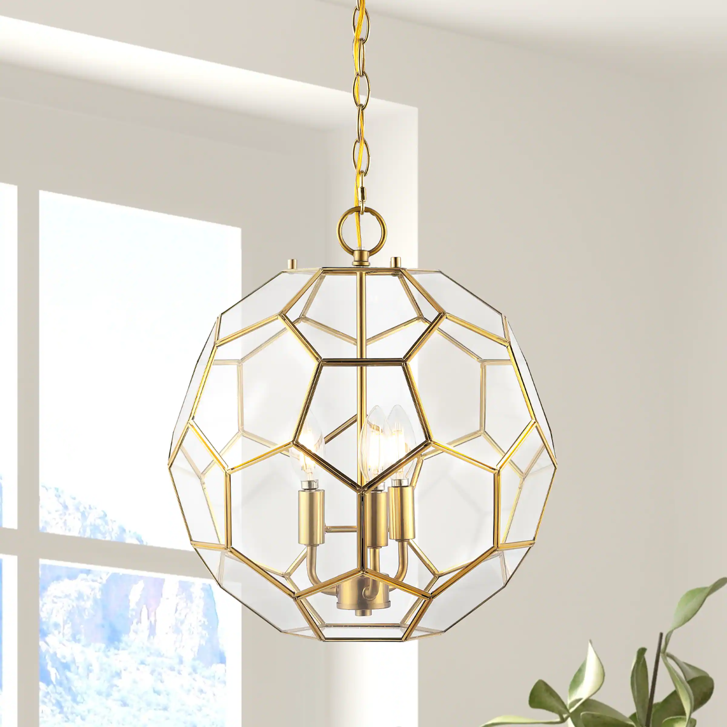 Alt View 1. Jonathan Y - Bee 13.5" 3-Light Modern Bohemian Iron/Glass LED Pendant, Brass Gold/Clear - Brass Gold.