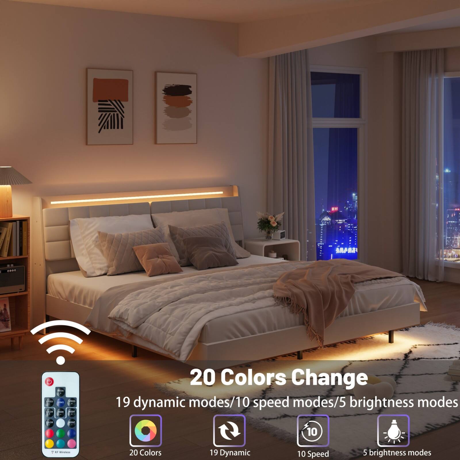 20 Colors Change  
19 dynamic modes/10 speed modes/5 brightness modes  

20 Colors  
19 Dynamic  
10 Speed  
5 brightness modes