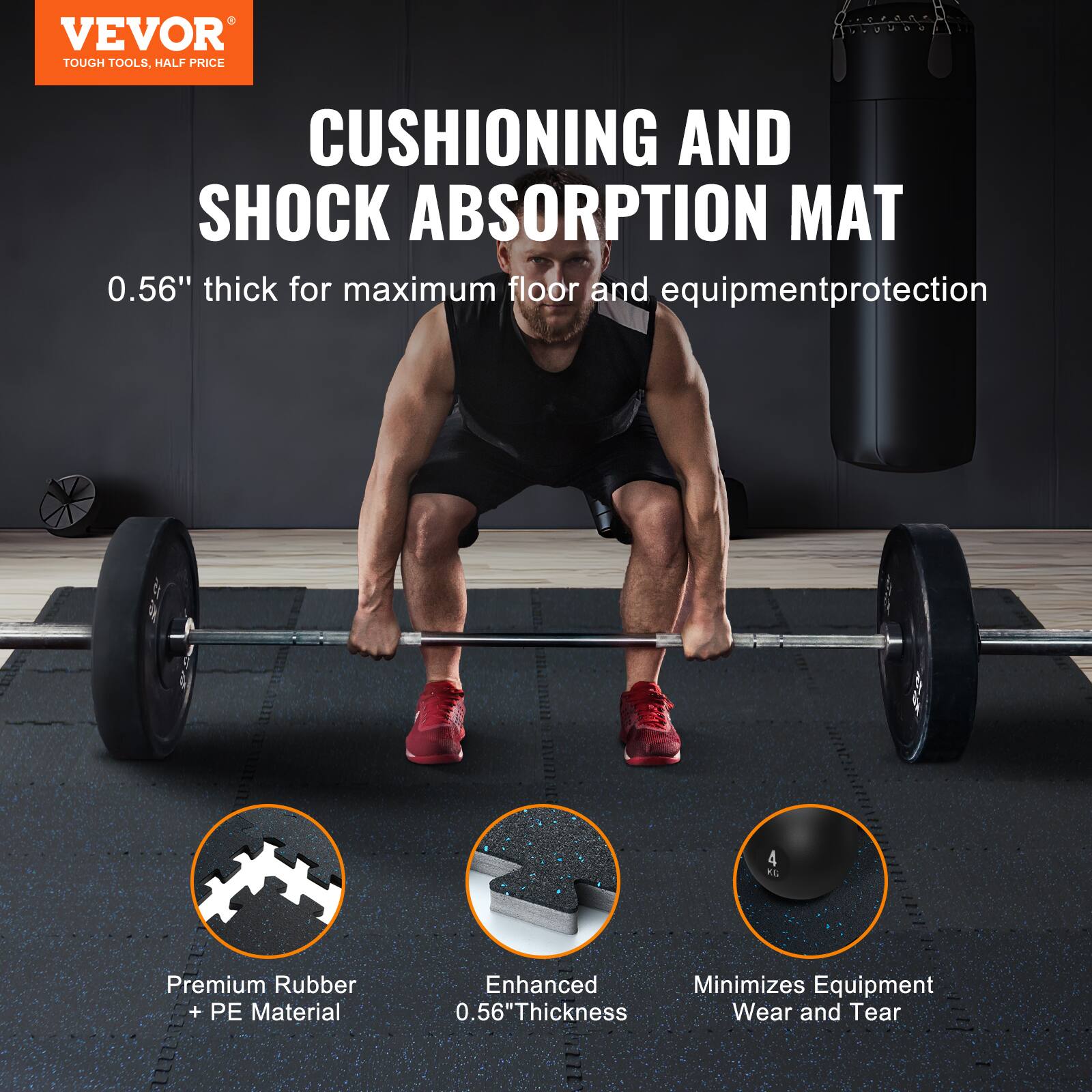 VEVOR TOUGH TOOLS, HALF PRICE CUSHIONING AND SHOCK ABSORPTION MAT 0.56" thick for maximum floor and equipment protection

4 FL
Premium Rubber + PE Material
Enhanced 0.56" Thickness
Minimizes Equipment Wear and Tear