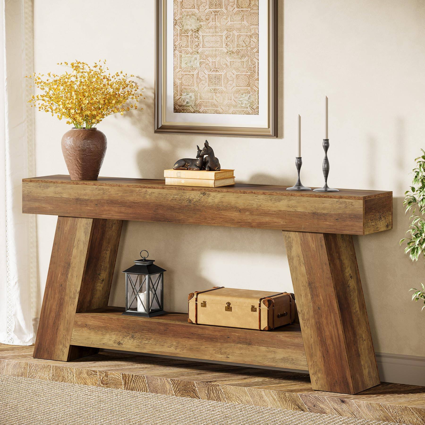 Alt View 4. Tribesigns - 70.9" Extra Long Farmhouse Console Table, 2-Tier Wooden Sofa Table Behind Couch, Rustic Entryway Table with Storage Shel - Rustic Brown.