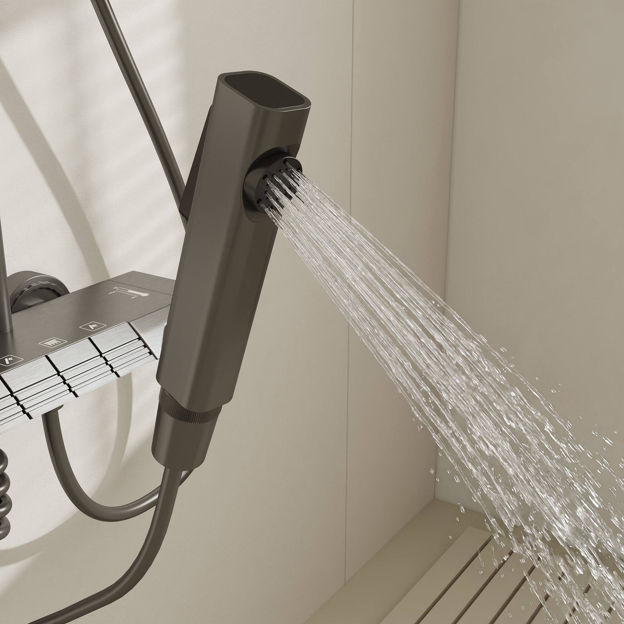Alt View 6. Famapy - Thermostatic Shower System 4 Spray Modes Rainfall Shower Combo with Handheld Waterfall & Spray Gun, Aluminum Shower Set - Gunmetal Gray.