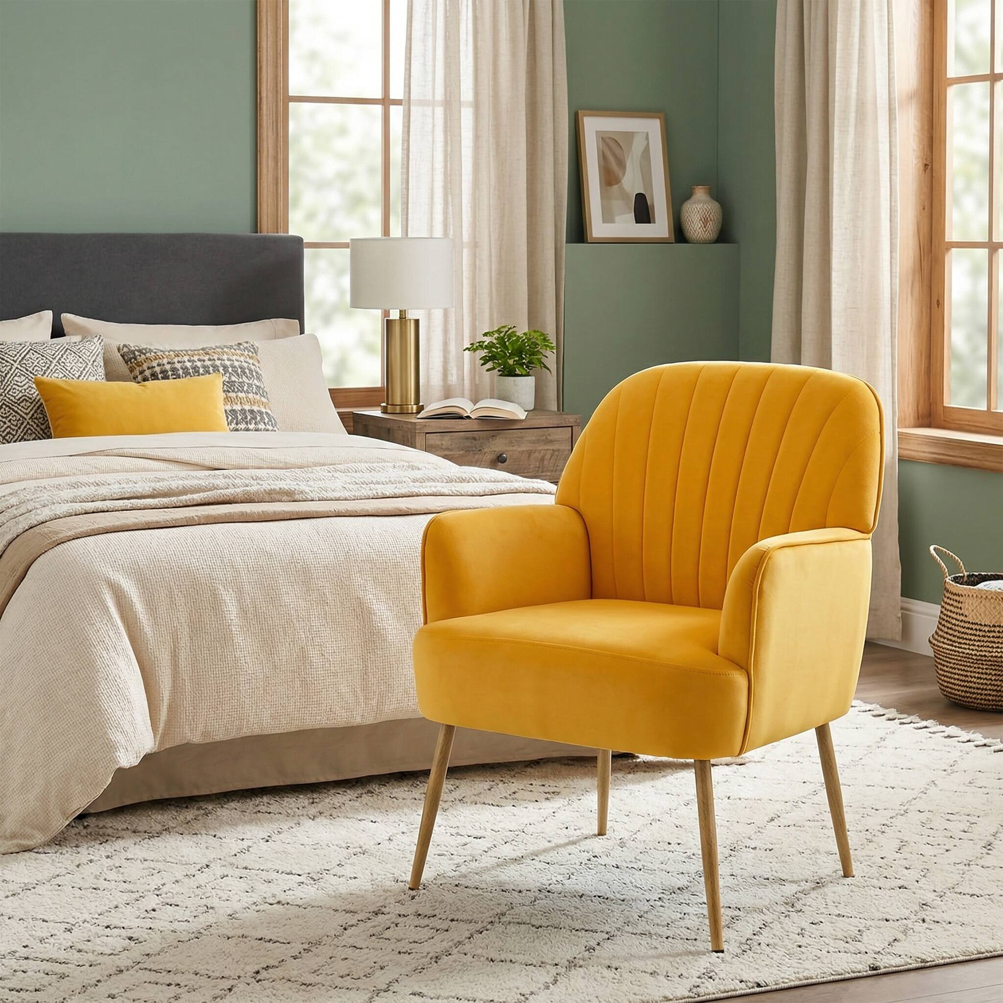 Left. Forest'nSky - Velvet Accent Chair, Modern Upholstered Barrel Armchair with Metal Legs, Luxury Comfy Single Sofa,Yellow - Yellow.