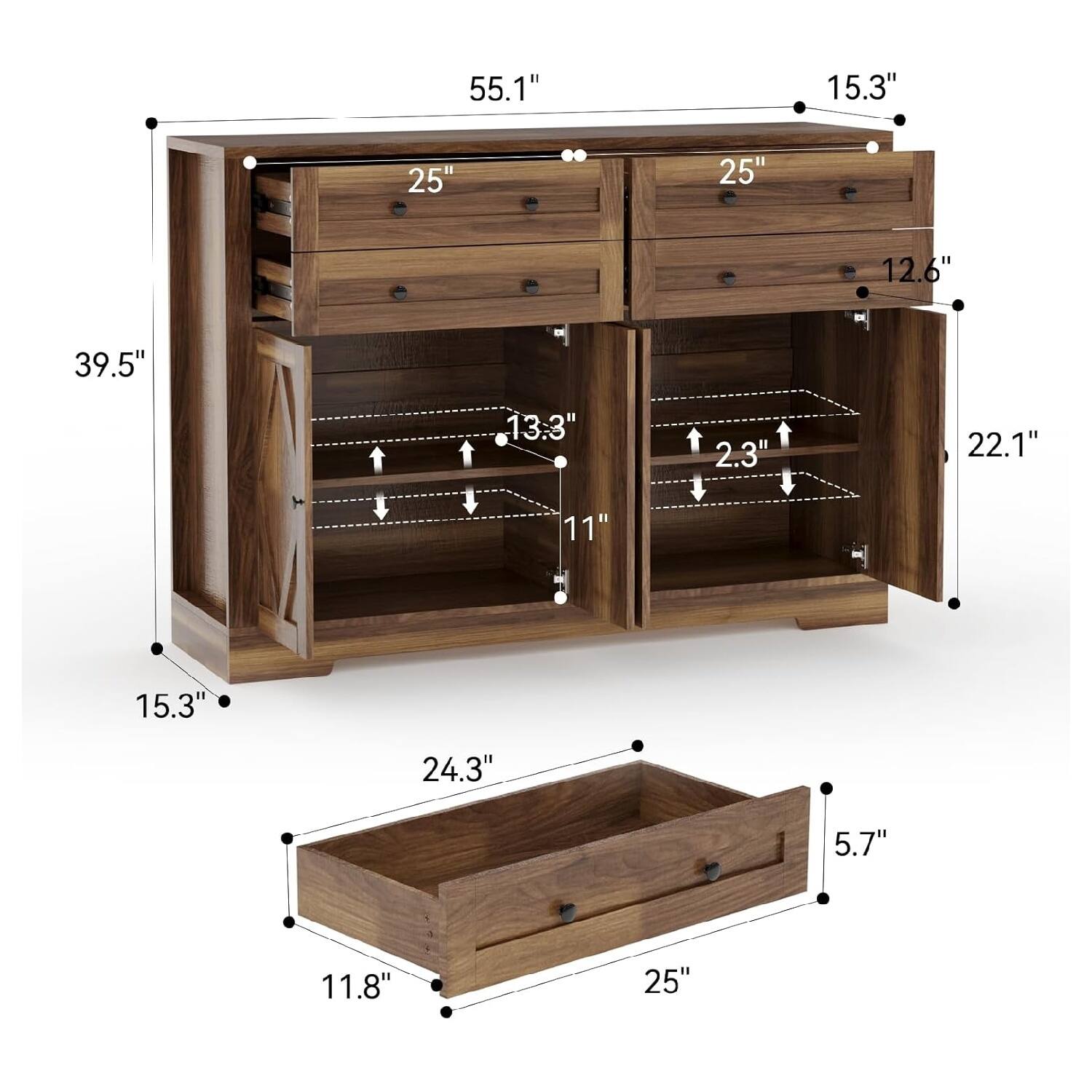 Sure, here is the corrected and grouped text from the image:

- **Overall Dimensions:**
  - Width: 55.1"
  - Height: 39.5"
  - Depth: 15.3"

- **Top Section:**
  - Width: 15.3"
  - Depth: 12.6"

- **Drawer Dimensions:**
  - Width: 25"
  - Height: 2.3"
  - Depth: 13.3"

- **Shelf Dimensions:**
  - Height: 11"
  - Depth: 22.1"

- **Bottom Section:**
  - Width: 24.3"
  - Height: 5.7"
  - Depth: 11.8"