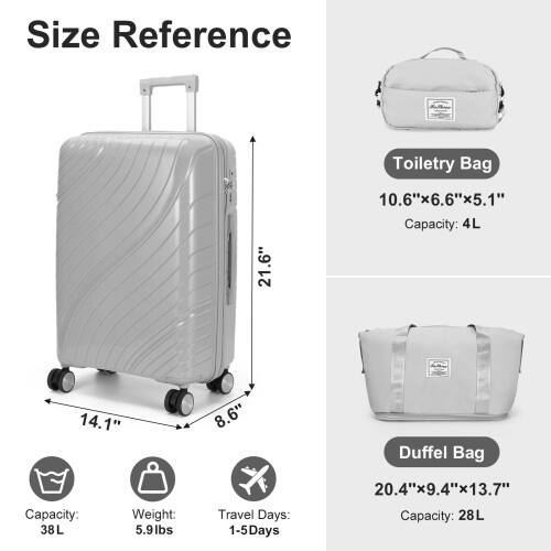 Size Reference

Toilet Bag  
10.6" x 6.6" x 5.1"  
Capacity: 4L

Duffel Bag  
20.4" x 9.4" x 13.7"  
Capacity: 28L

Travel Days: 1-5 Days  
Weight: 5.9lbs  
Capacity: 38 L