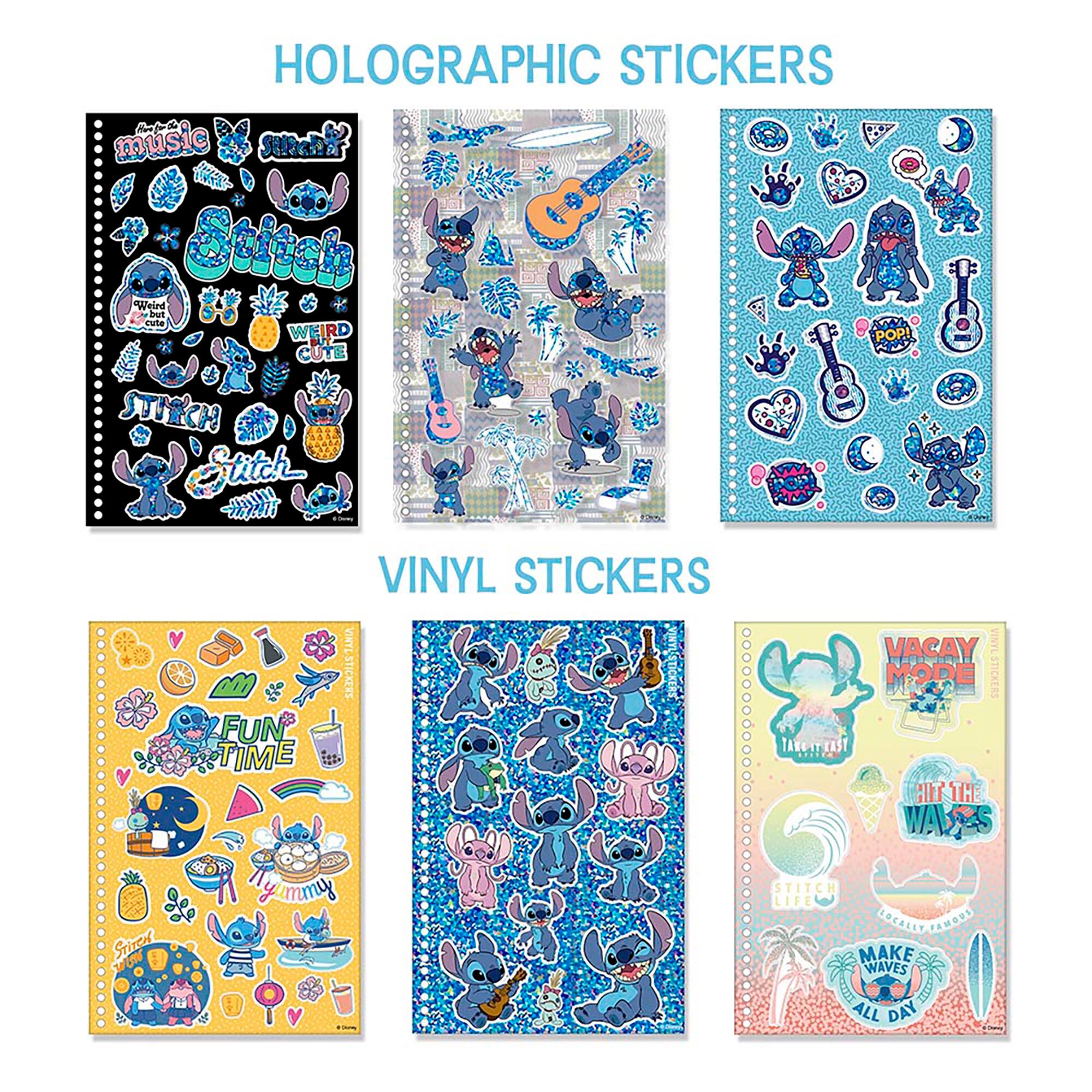 HOLOGRAPHIC STICKERS:

* Music
* Cute
* Weird
* Solid
* Stitch
* Vinyl
* Fun Time
* Vacay
* Mod
* All Day

VINYL STICKERS:

* Make Waves
* Jocally Amous
* The Wallaces
* Yummy
* Stitch
* Life
* Mod
* All Day
