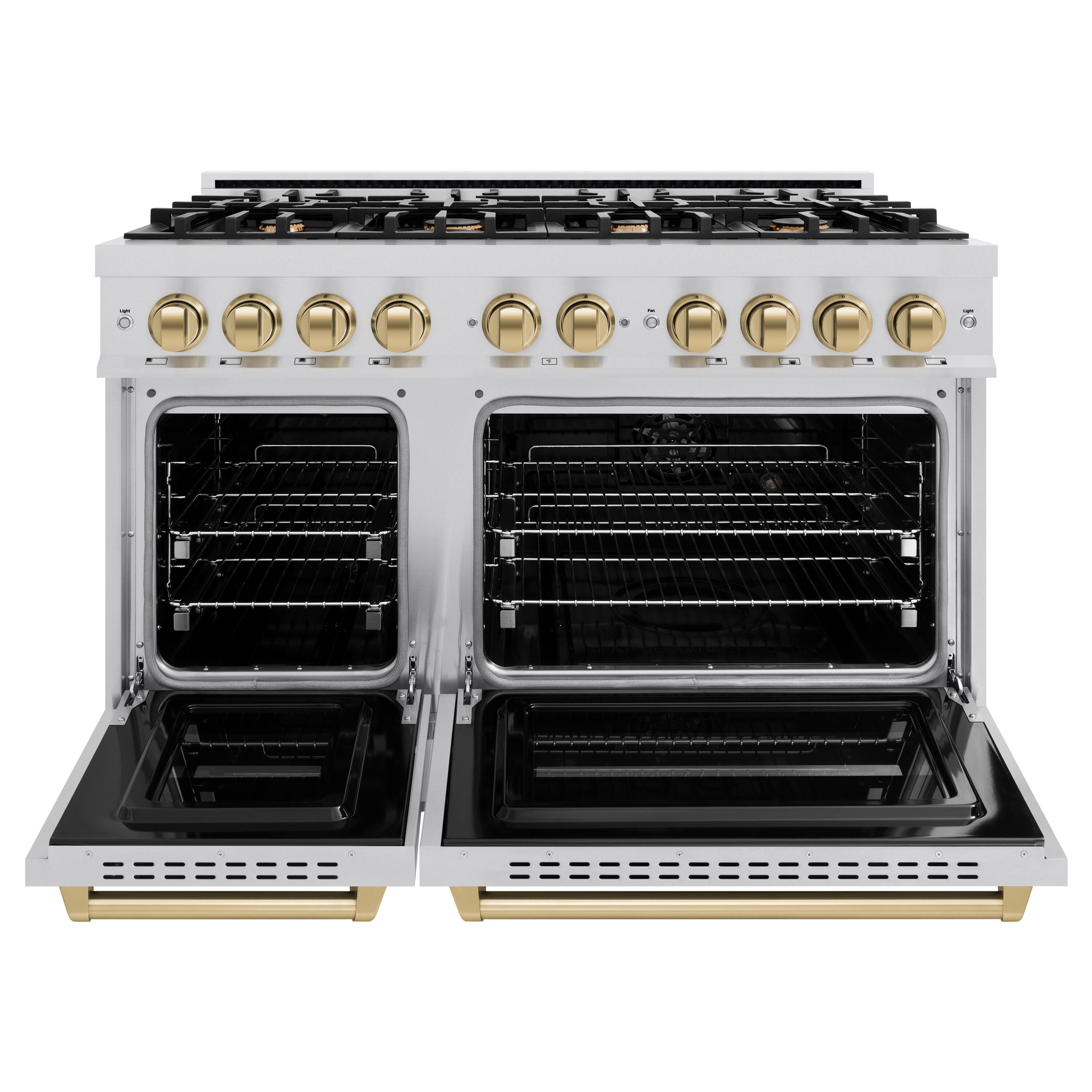 Angle. ZLINE - ZLINE Autograph 48" Classic Double Oven Dual Fuel Range w/ Champagne Bronze Accents (CDRZ-48-CB) - Stainless Steel.