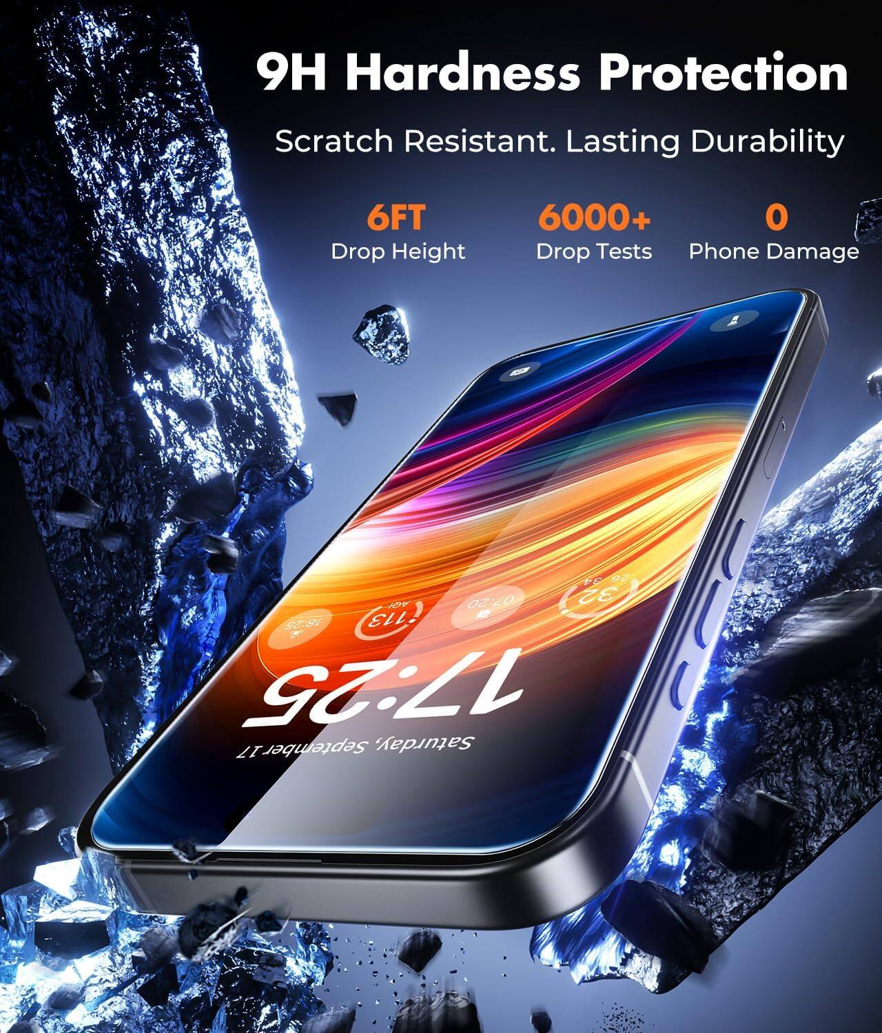 9H Hardness Protection  
Scratch Resistant. Lasting Durability  
6FT Drop Height  
6000+ Drop Tests  
0 Phone Damage  
26/34 AQI  
07:20  
32  
18:25  
113  
17:25  
17 September: Saturday