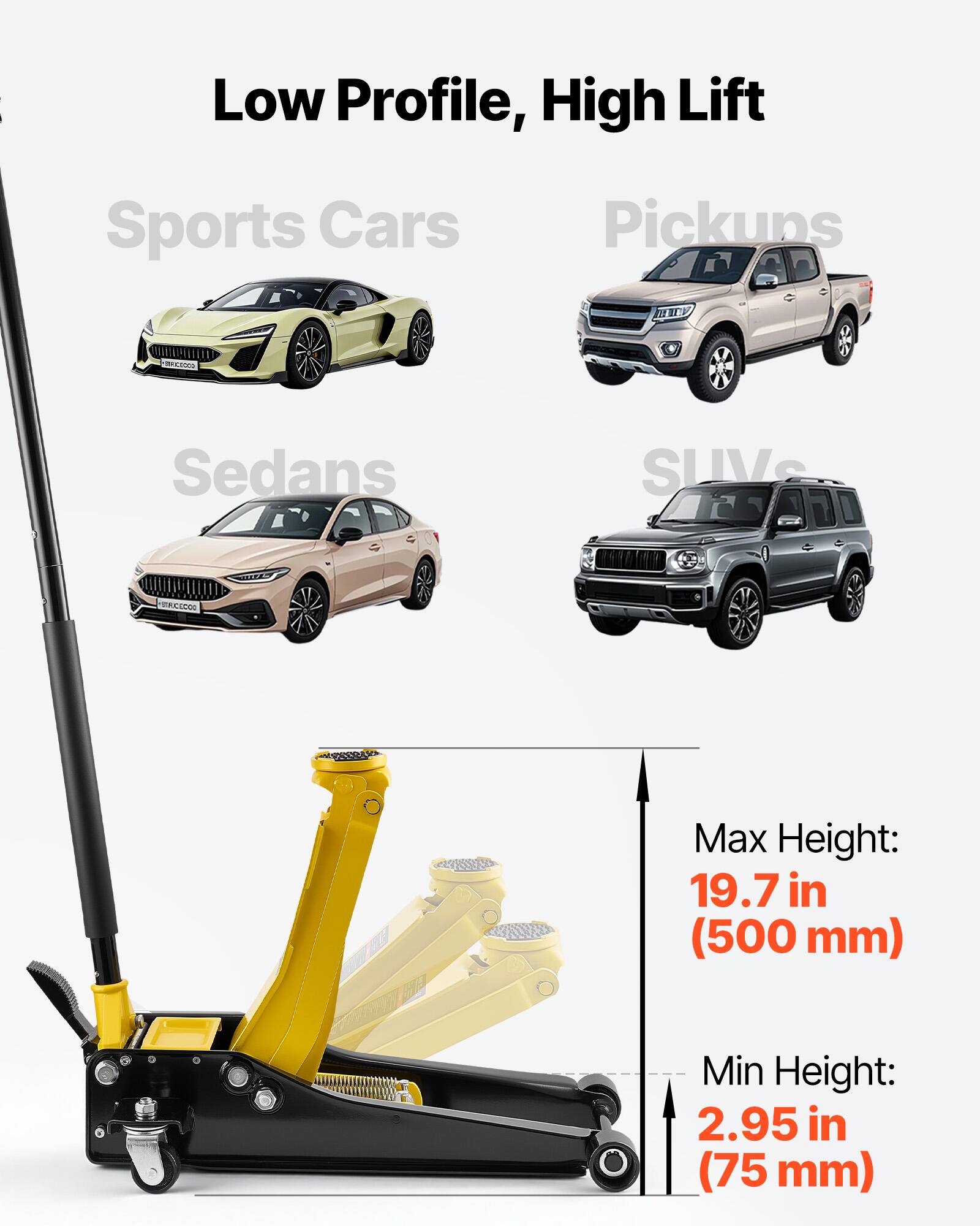 Low Profile, High Lift Sports Cars, Pickups, Sedans, SUV  
Max Height: 19.7 in (500 mm)  
Min Height: 2.95 in (75 mm)