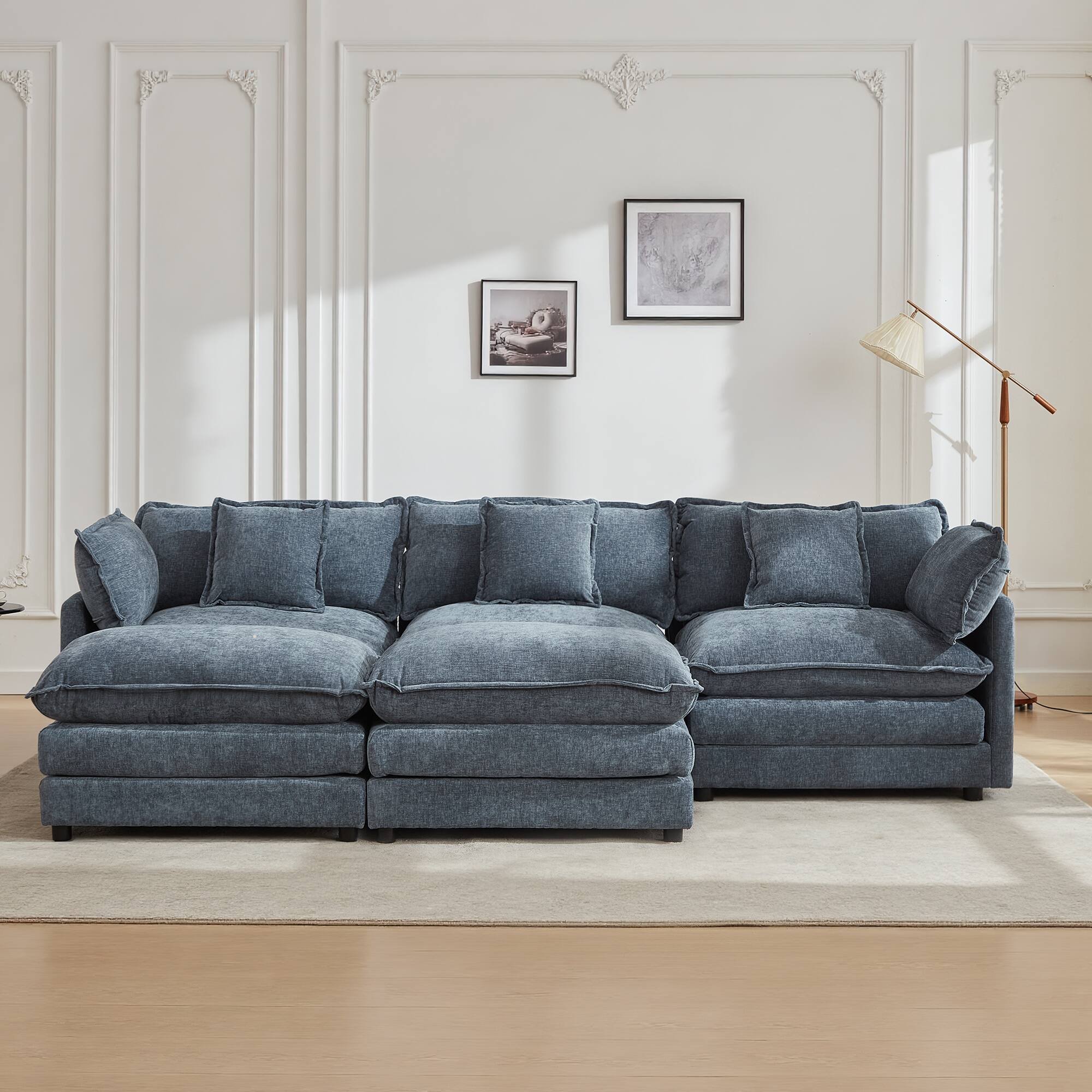 Alt View 2. KERDOM - Modular Sleeper Sofa Bed Chaise Longue Anti-Cat Scratch Chenille Cloth, 3 Seat Convertible Sectional L Shaped Sofa Couch - Blue + 2 Ottomans.