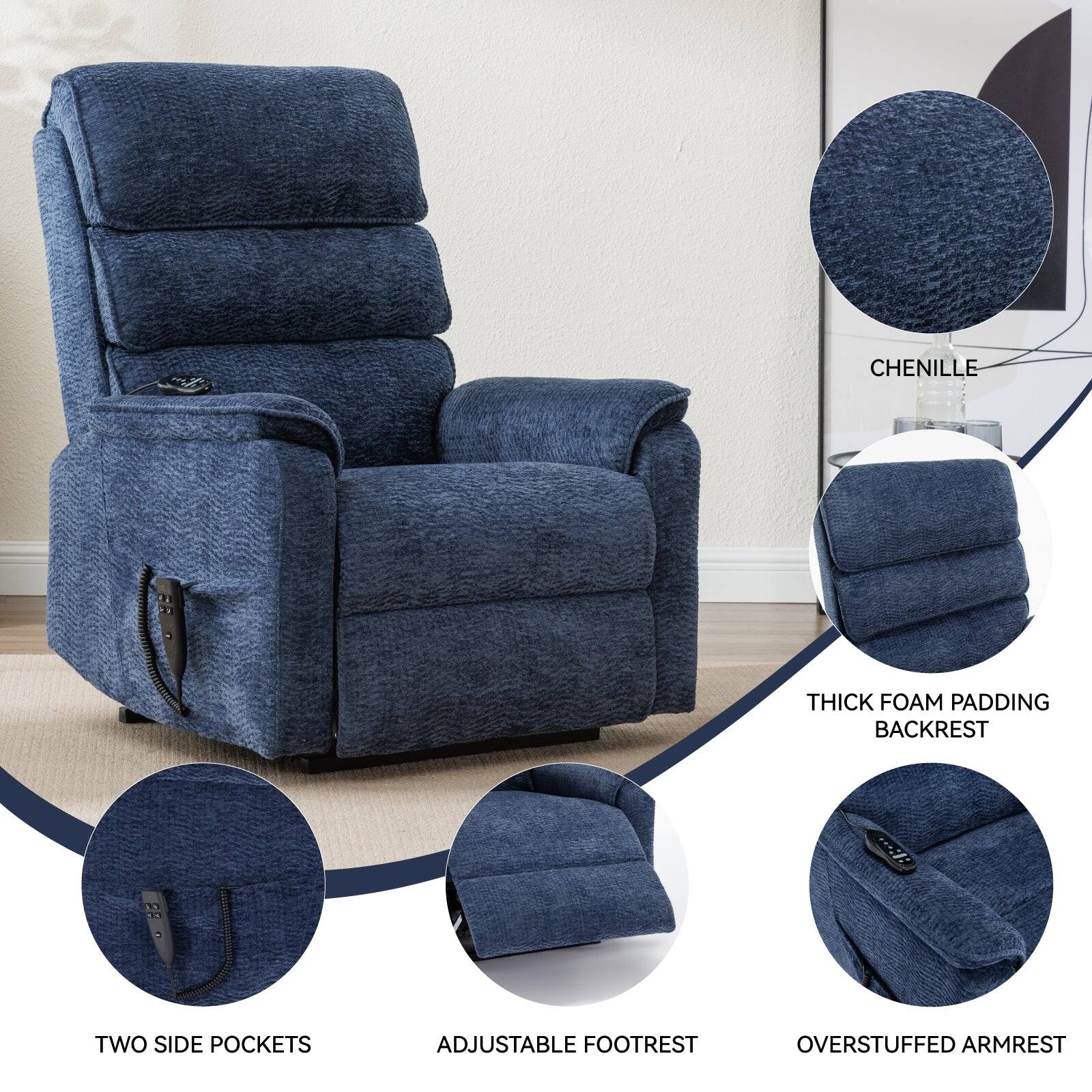 CHENILLE  
THICK FOAM PADDING BACKREST  
TWO SIDE POCKETS  
ADJUSTABLE FOOTREST  
OVERSTUFFED ARMREST