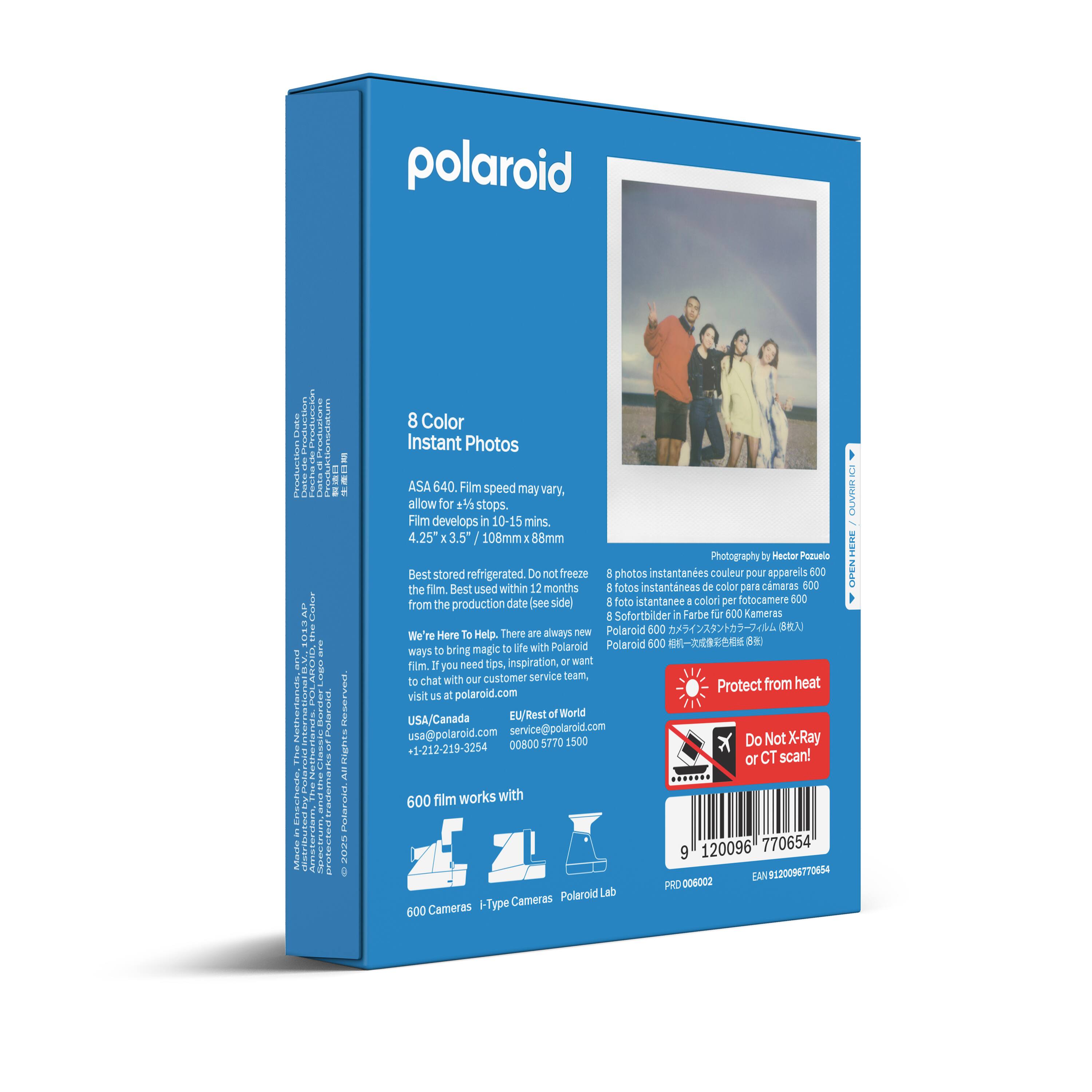 polaroid

8 Color Instant Photos

ASA 640. Film speed may vary, allow for 3-4 stops. Film develops in 10-15 mins. 4.25" x 3.5" / 108mm x 88mm

Best stored refrigerated. Do not freeze. Best used within 12 months from the production date (see side)

Photography by Hector Pervelo

We're Here To Help. There are always new Polaroid ways to bring magic to life with tips, inspiration, or want to chat with our customer service team, Protect from heat visit us at polaroid.com

EU/Rest of World USA/Canada usa@polaroid.com service@polaroid.com +1-212-219-3254

Do Not X-Ray

600 film works with 600 Cameras + i-Type Cameras

Polaroid Lab

9 120096 770654

PROD 006002

EAN 920096770654