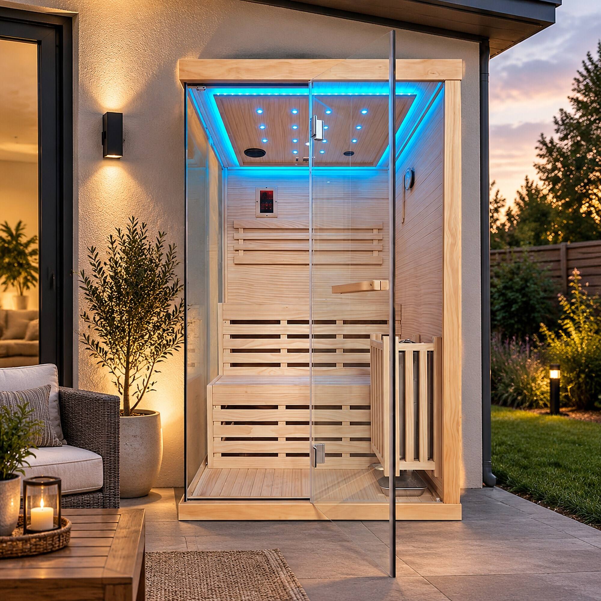 Angle. RYHNUYNE - 2 Person Sauna, 3000W Metal Heater, Chilean Pine Wood, Home Spa, 1200 x 1200 x 1900 mm - Ameican White Oak.