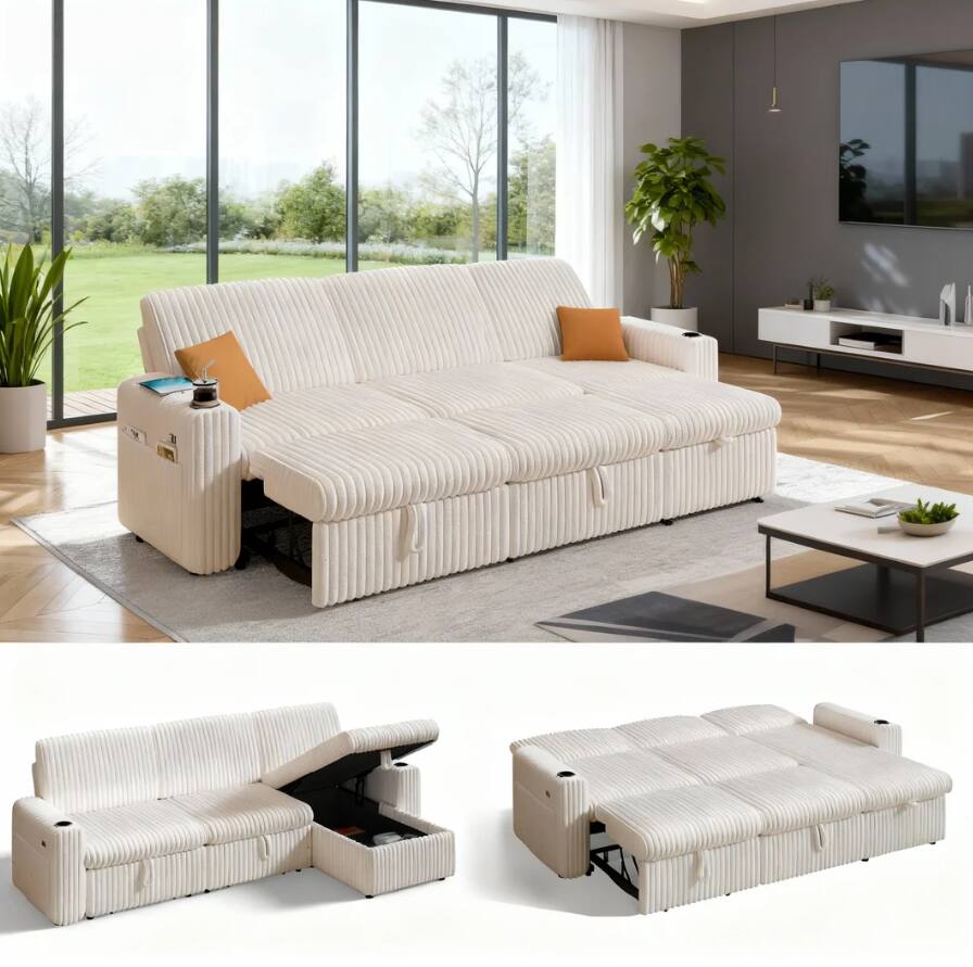Dyonery - 101" Sectional Sleeper Sofa Bed with Pull Out Bed, L Shaped Couch Sleeper Sofa with Reclining Backrest - Beige