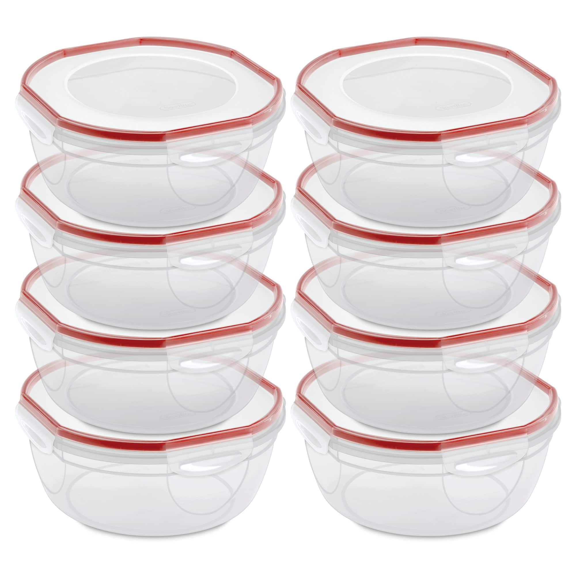 Sterilite - Ultra Seal 4.7 Qt Plastic Food Storage Bowl Container w/ Lid, (8 Pack) - Clear/Red