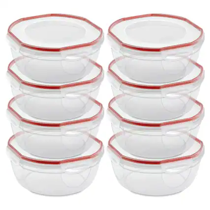 Front. Sterilite - Sterilite Ultra Seal 4.7 Qt Plastic Food Storage Bowl Container w/ Lid, (8 Pack) - Clear/Red.