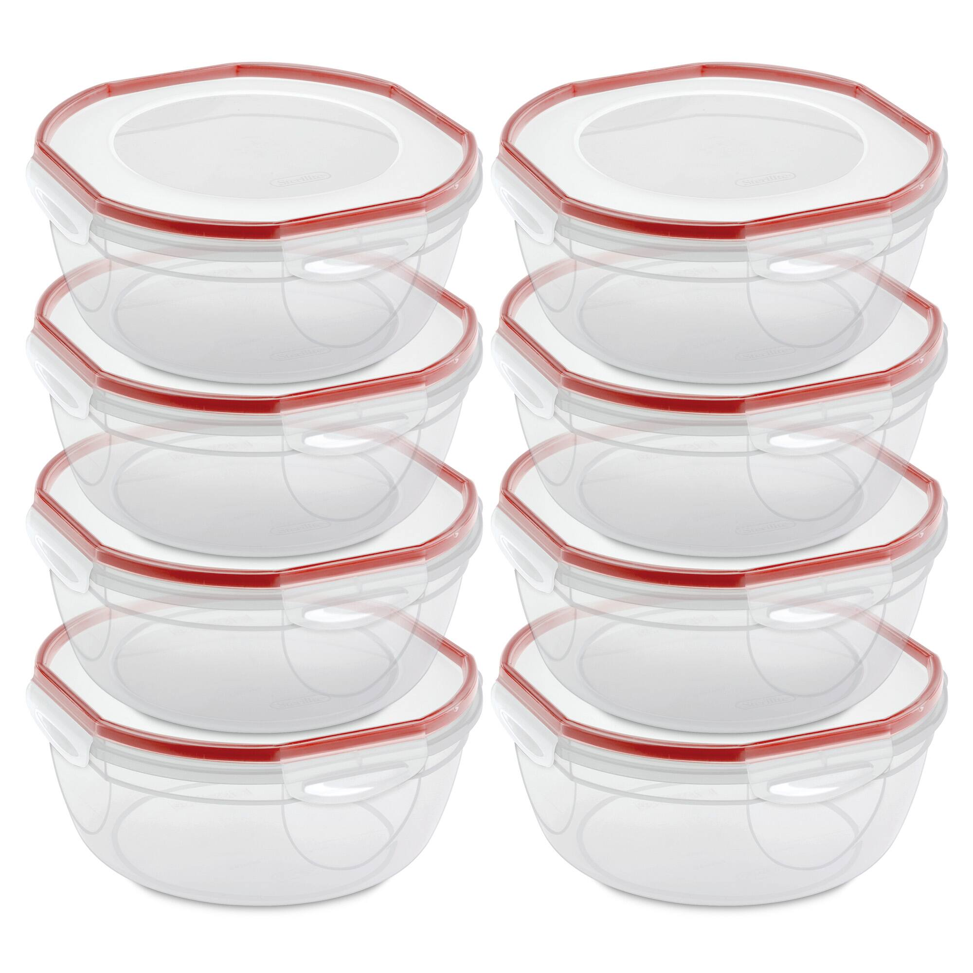 Front. Sterilite - Sterilite Ultra Seal 4.7 Qt Plastic Food Storage Bowl Container w/ Lid, (8 Pack) - Clear/Red.