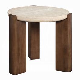 Manhattan Lane - Hery Side End Table, 22 Inch Round Travertine Top, Dark Oak Brown Legs - Beige, Dark Oak Brown