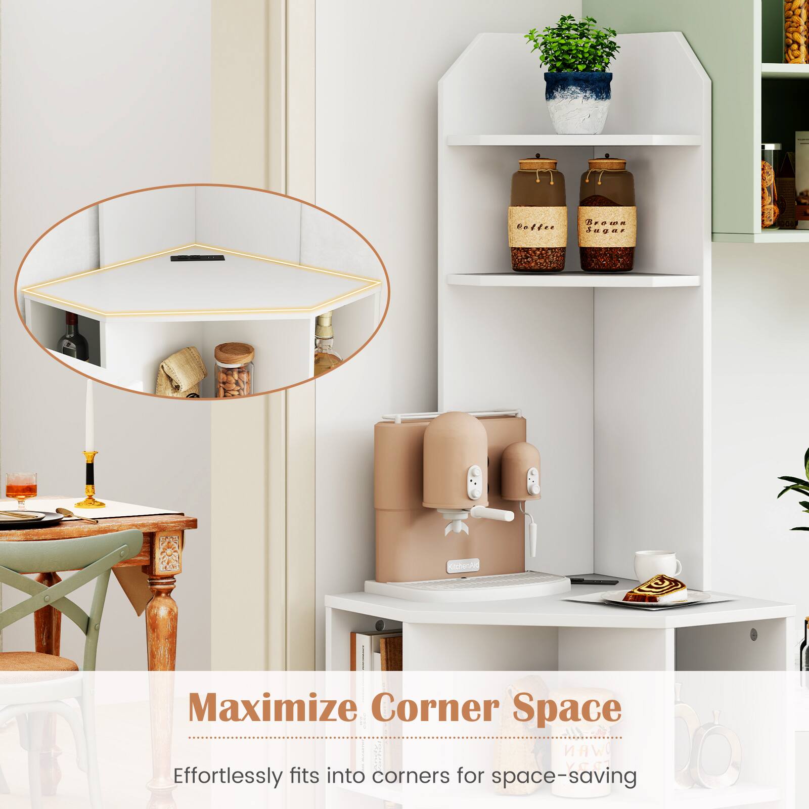 Maximize Corner Space, Effortlessly fits into corners for space-saving