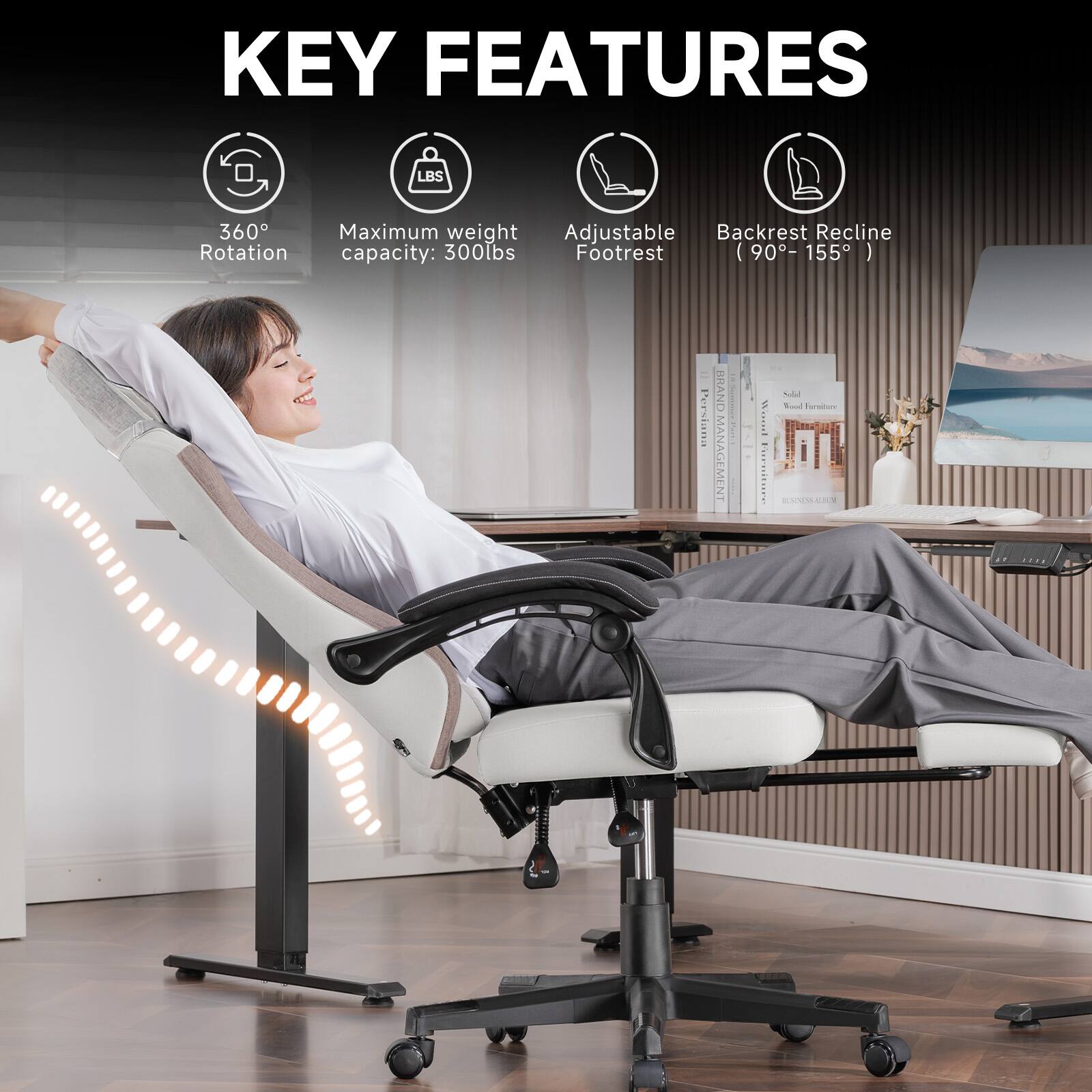 KEY FEATURES

- 360° Rotation
- Maximum weight capacity: 300lbs
- Adjustable Footrest
- Backrest Recline (90° - 155°)