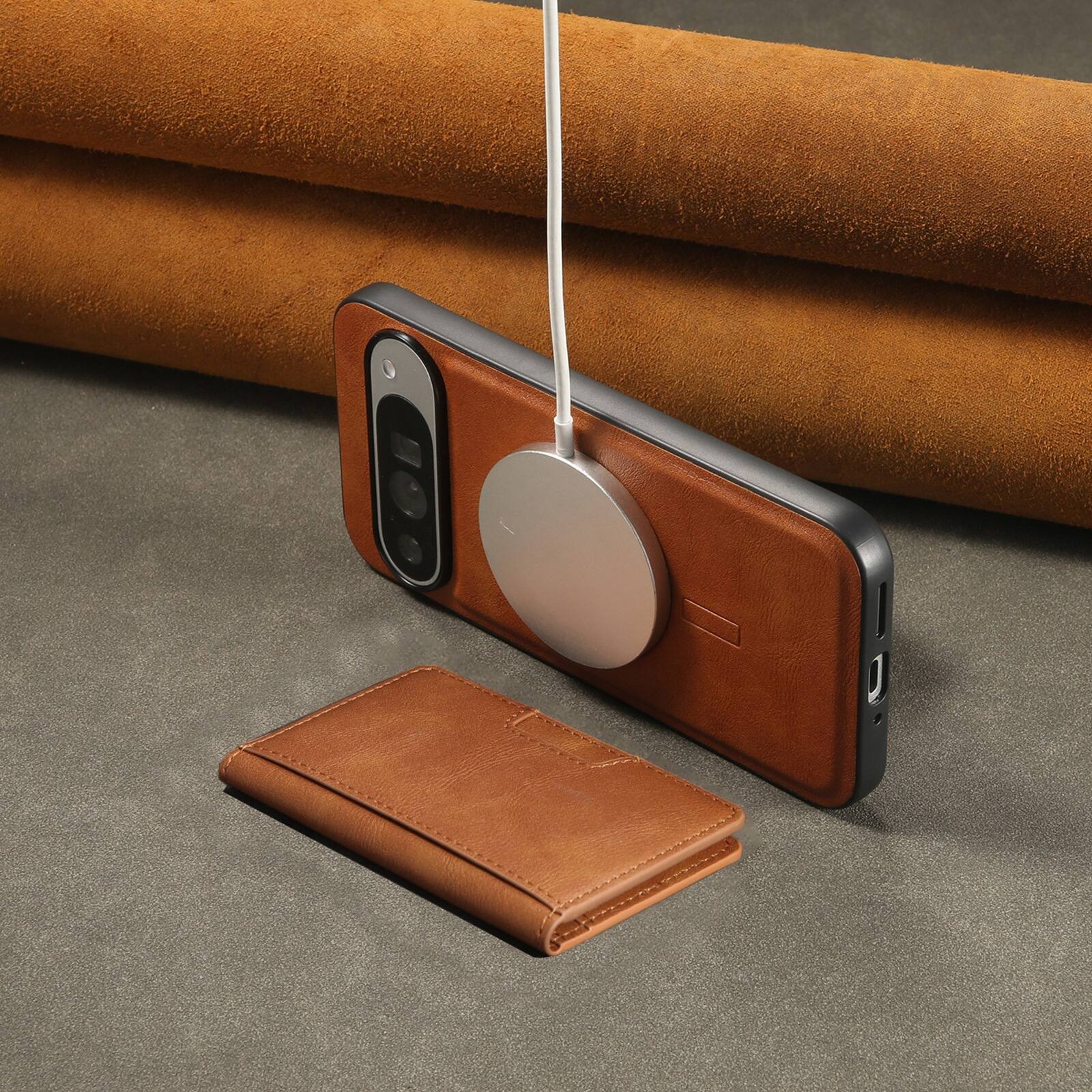 Alt View 3. Dteck - 2 in 1 Detachable Magnetic Case For Google Pixel 10 Pro XL, Shockproof 5 Card Slots Kickstand PU Leather Flip Cover - Brown.