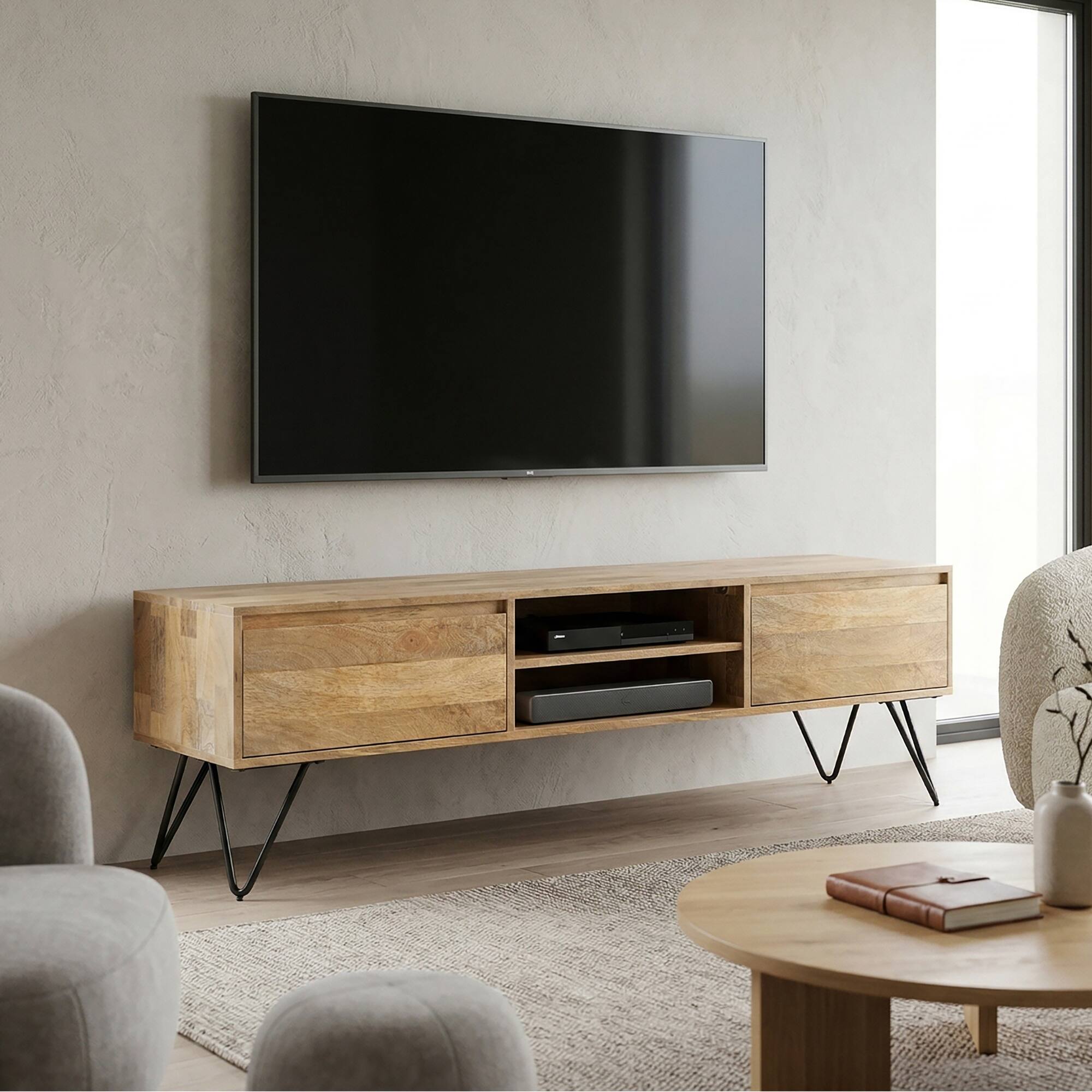 Angle. Simpli Home - Hunter Solid Mango Wood 68 inch Wide Industrial TV Media Stand For TVs up to 75 inches - Natural.
