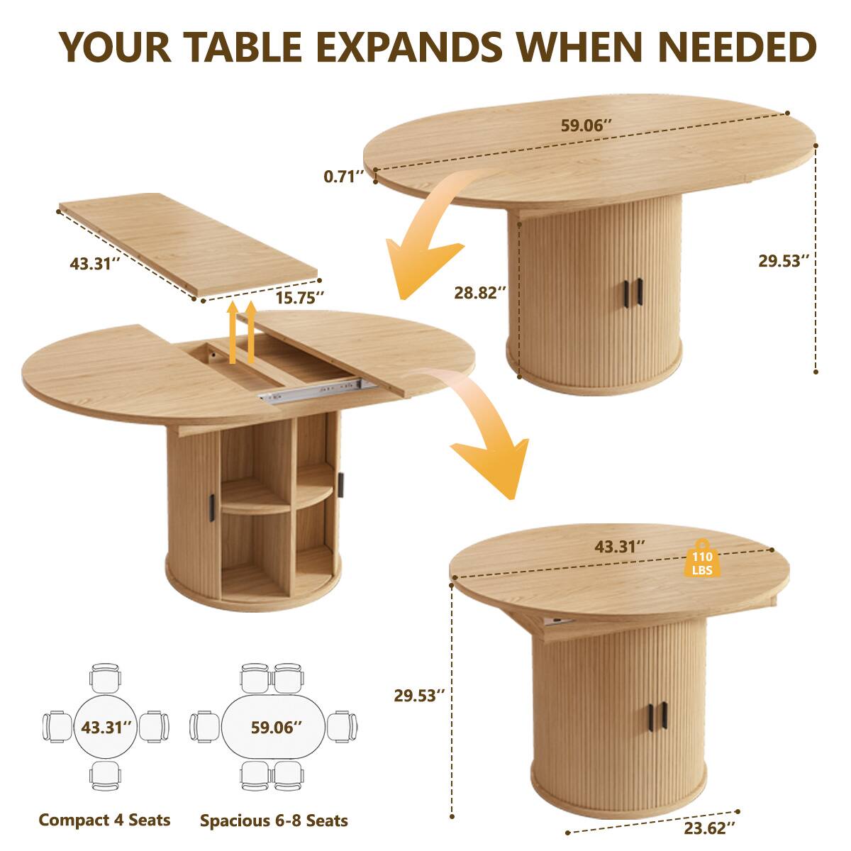 YOUR TABLE EXPANDS WHEN NEEDED

59.06"
0.71"
43.31"
29.53"
15.75"
28.82"
43.31"
110 LBS
29.53"
43.31"
59.06"
Compact 4 Seats Spacious 6-8 Seats
23.62"