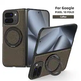Dteck - Magnetic Carbon Fiber Pattern Case for Google Pixel 10 Pro Fold with Stand, Shockproof Rigid Plastic Faux Leather Cover - Coffee