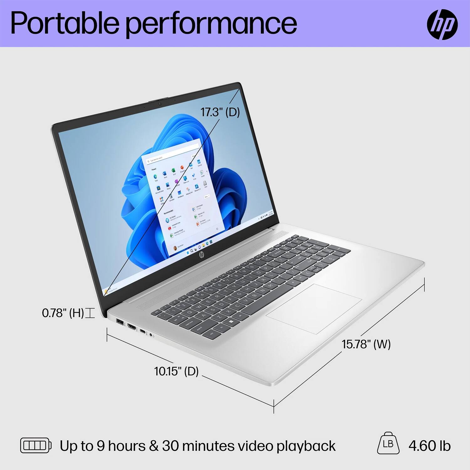 Portable performance

17.3" (D)  
0.78" (H)  
15.78" (W)  
10.15" (D)  
Up to 9 hours & 30 minutes video playback  
4.60 lb