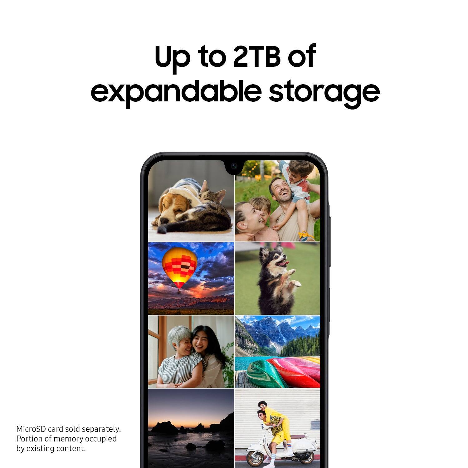 Up to 2TB of expandable storage. MicroSD card sold separately. Portion of memory occupied by existing content.