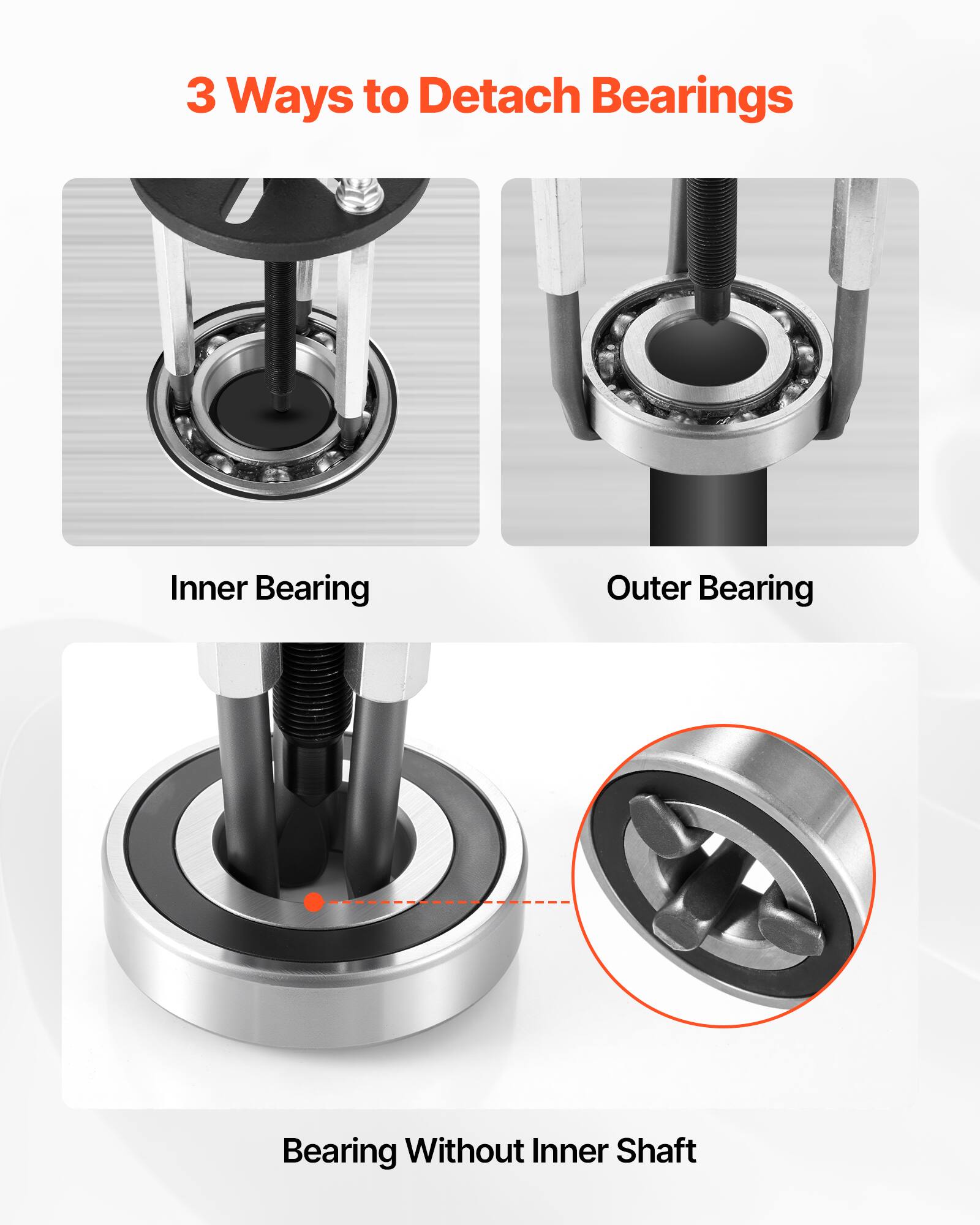 3 Ways to Detach Bearings

- Inner Bearing
- Outer Bearing
- Bearing Without Inner Shaft