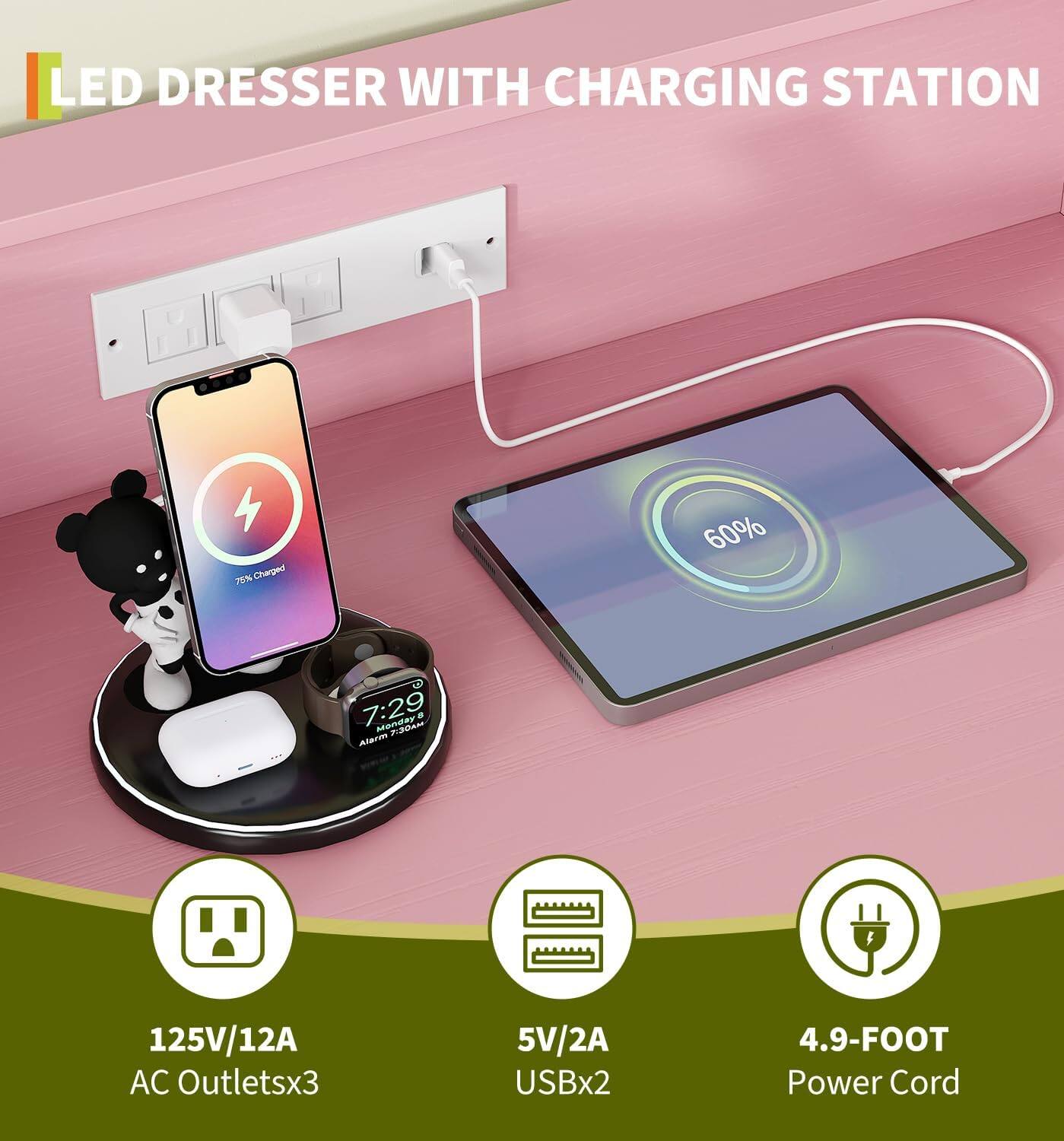 LED Dresser with Charging Station

- 125V/12A AC Outlets x3
- 5V/2A USB x2
- 4.9-Foot Power Cord
