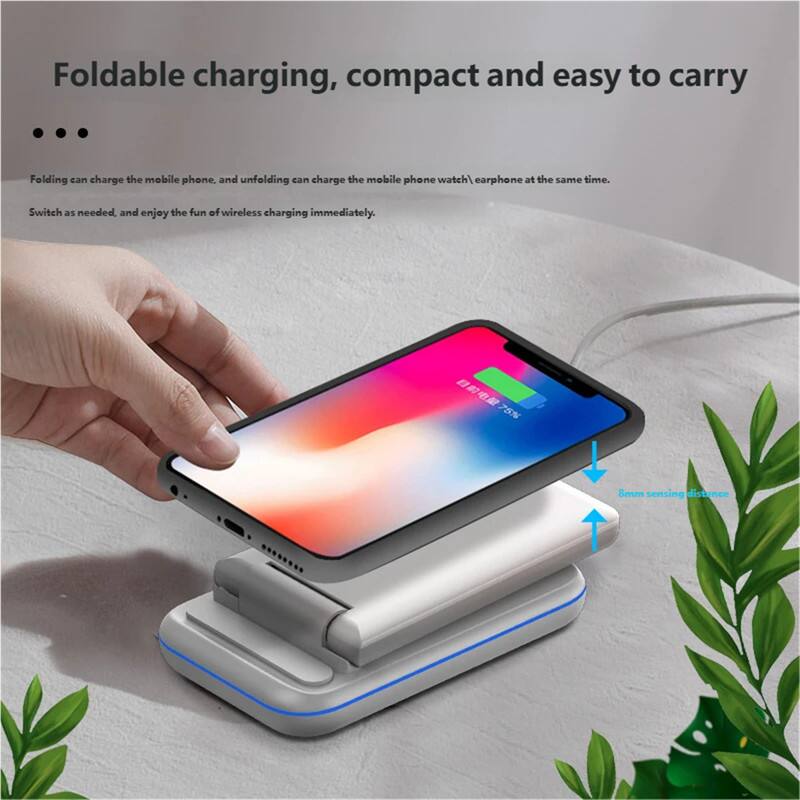 Foldable charging, compact and easy to carry

Folding can charge the mobile phone, and unfolding can charge the mobile phone watch/earphone at the same time. Switch as needed and enjoy the fun of wireless charging immediately.

75% 8mm sensing distance