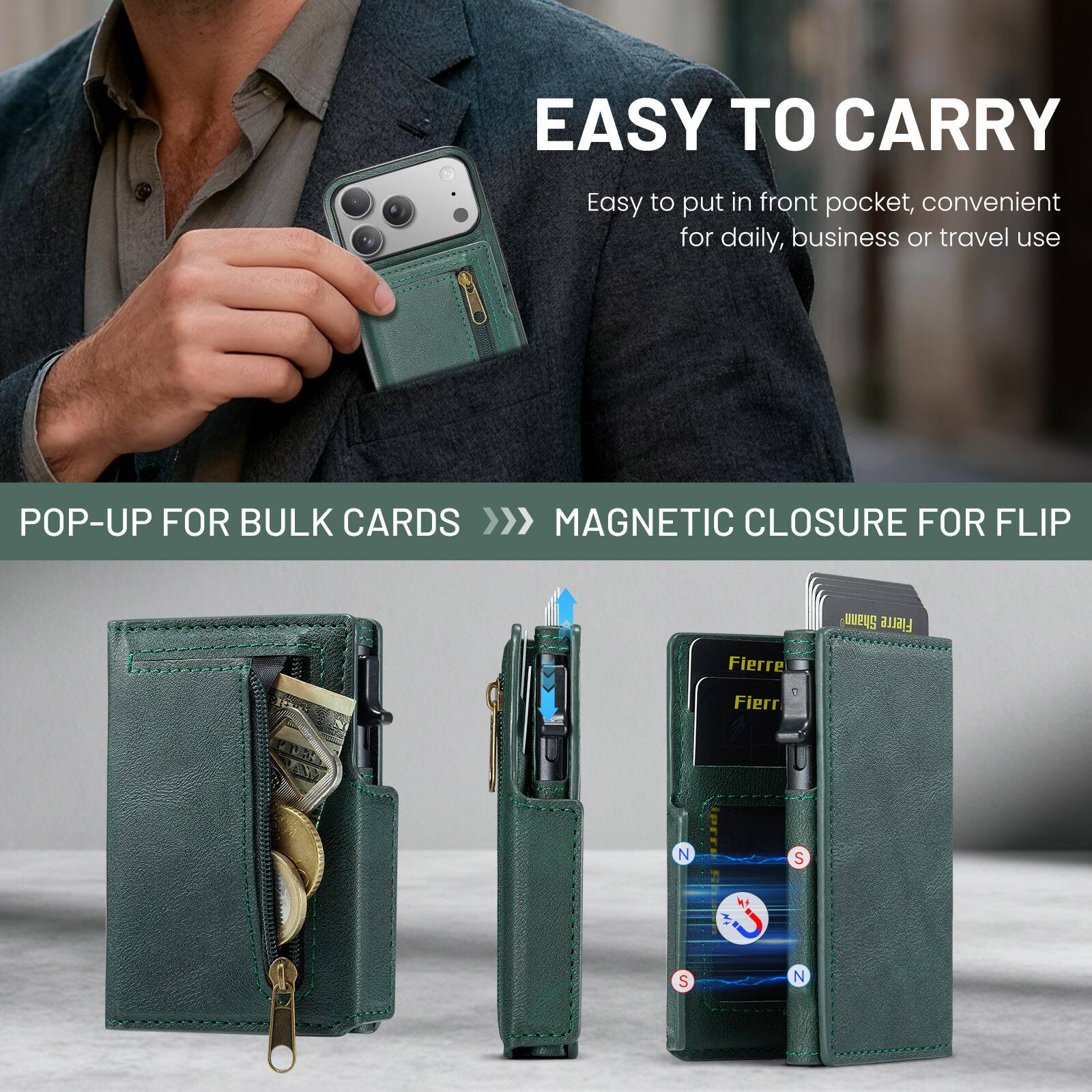 EASY TO CARRY  
Easy to put in front pocket, convenient for daily, business or travel use  

POP-UP FOR BULK CARDS >>>  
MAGNETIC CLOSURE FOR FLIP