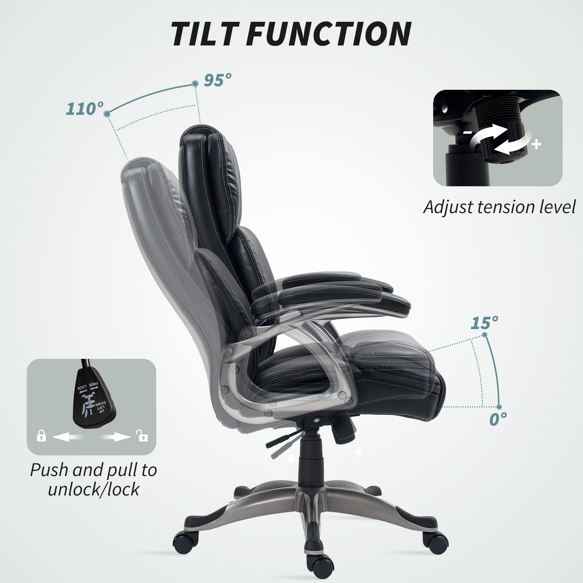 TILT FUNCTION 95 110 + Adjust tension level 15 - 0 Push and pull to unlock/lock