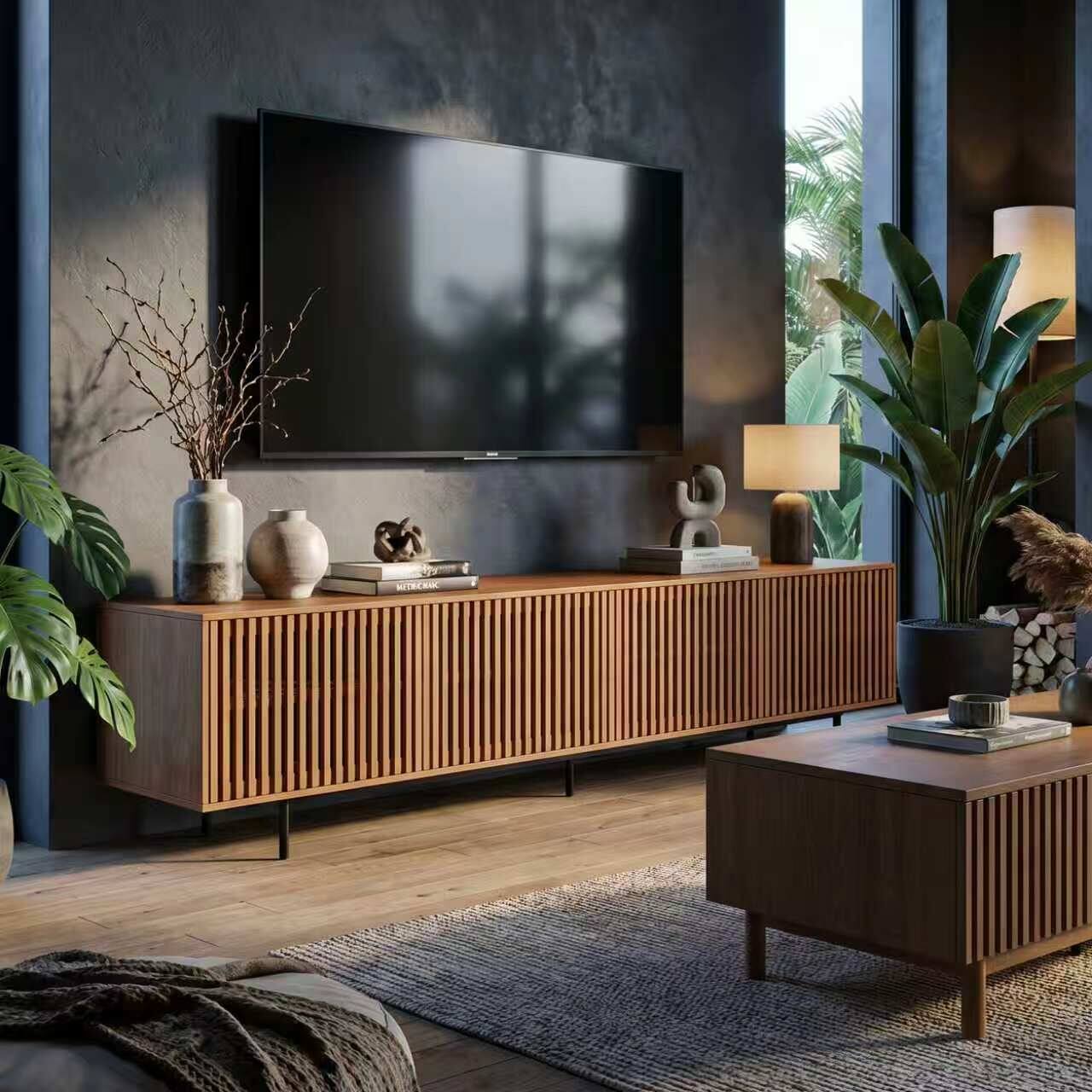 Alt View 2. luck idea - Slatted Wood TV Stand, 86.61" Media Console with Storage Cabinets, Metal Legs for TVs Up to 85 Inch - brown.