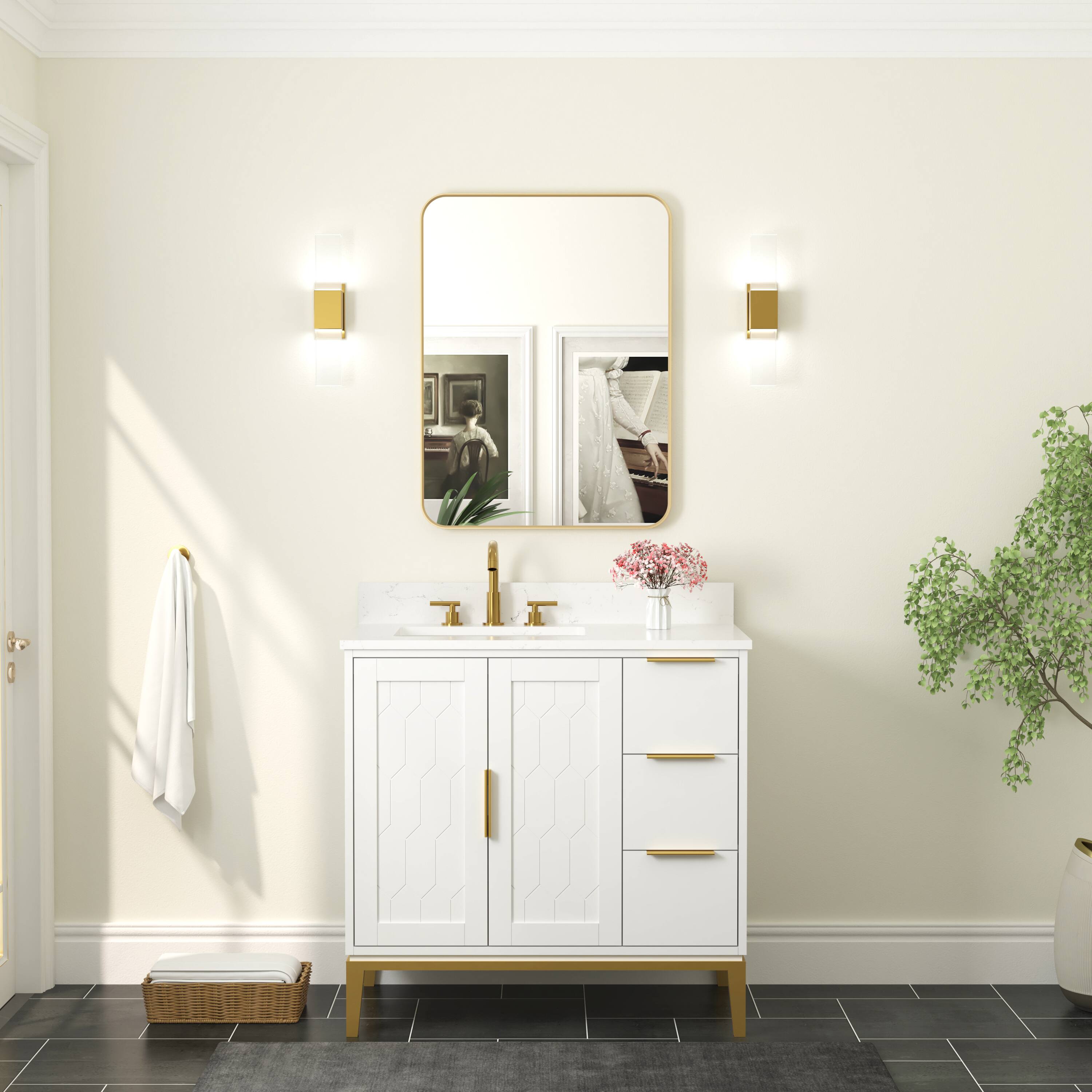 Alt View 1. WELLFOR - 24 in. W. x 32 in. H Rectangular Aluminum Framed Wall-Mounted Bathroom Vanity Mirror - Brushed Gold.