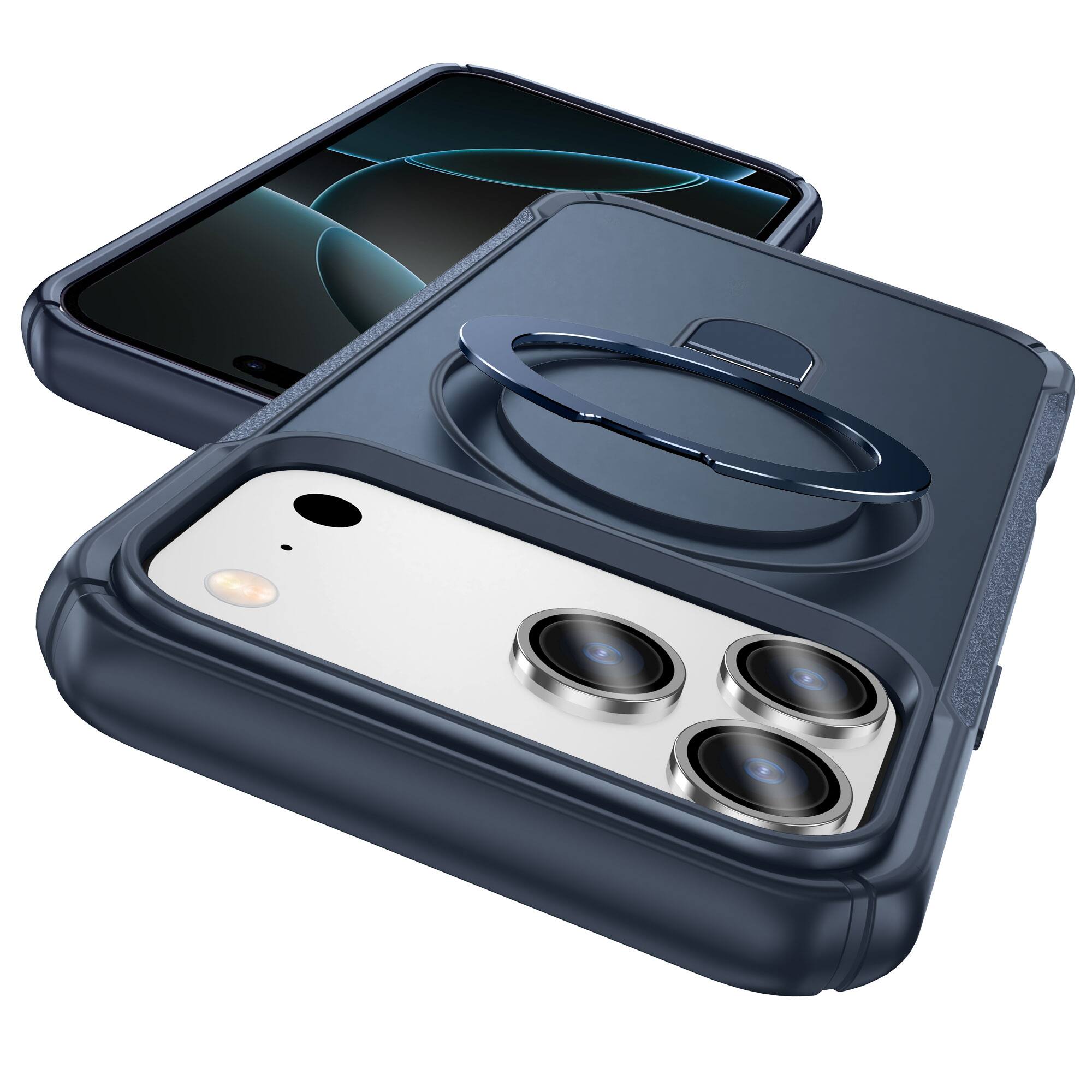 Angle. Dteck - Case For Apple iPhone 17 Pro Slim Magnetic Shockproof Rugged Cover With Adjustable Ring Stand, Mag Safe Compatible - Darkblue.