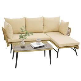 Kadyn - 4 Piece Patio Acacia Wood Conversation Set, Outdoor Patio Furniture Set with Soft Seat-Navy - Beige