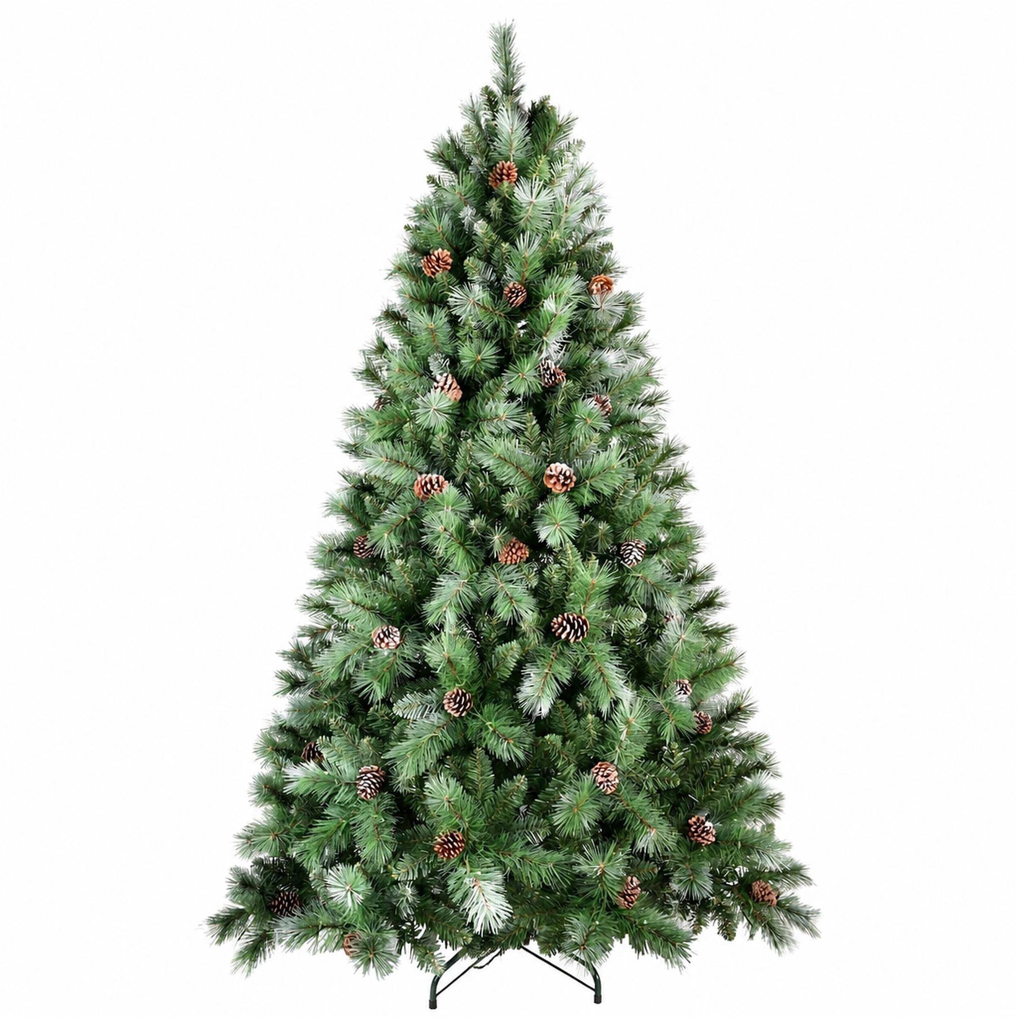 Front. RYHNUYNE - 7FT Christmas Tree With 82 Pine Cones, 1348 Mixed PVC Hard Needle Branches Hinged Structure Sturdy Metal Stand - Green.