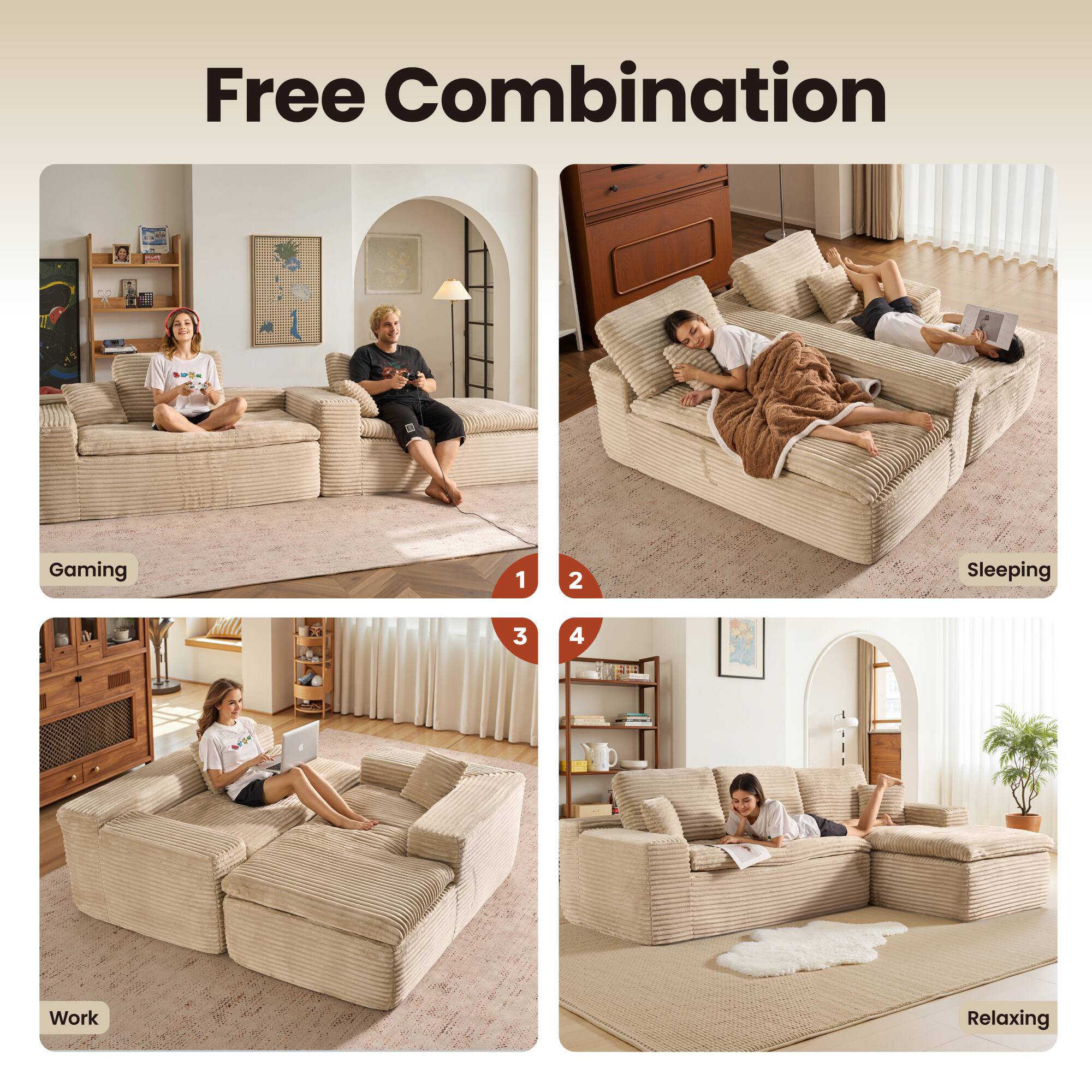 Free Combination

1. Gaming
2. Sleeping
3. Work
4. Relaxing